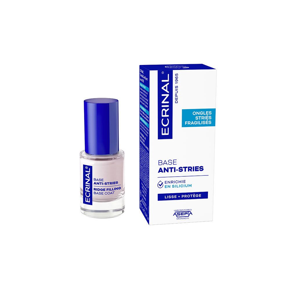 ECRINAL Base Anti-Stries Ridge Filling Base Coat mit Silicium, 10 ml Flakon und Karton.