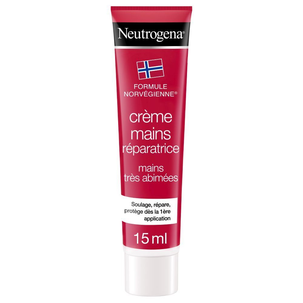 Tube de crème pour les mains rouge. Marque Neutrogena, texte: Crème mains réparatrice, 15 ml.