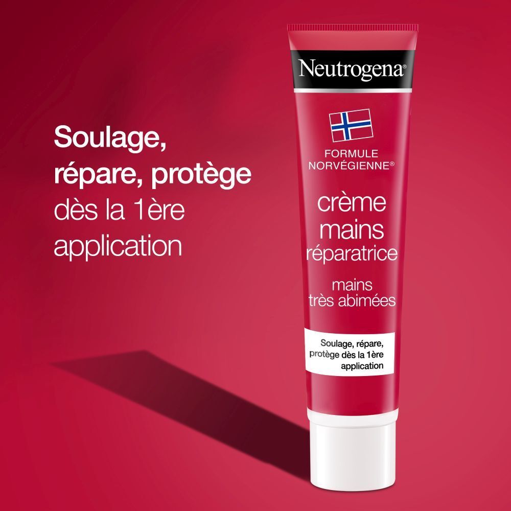 Tube de crème pour les mains rouge. Marque Neutrogena, texte: Crème mains réparatrice.