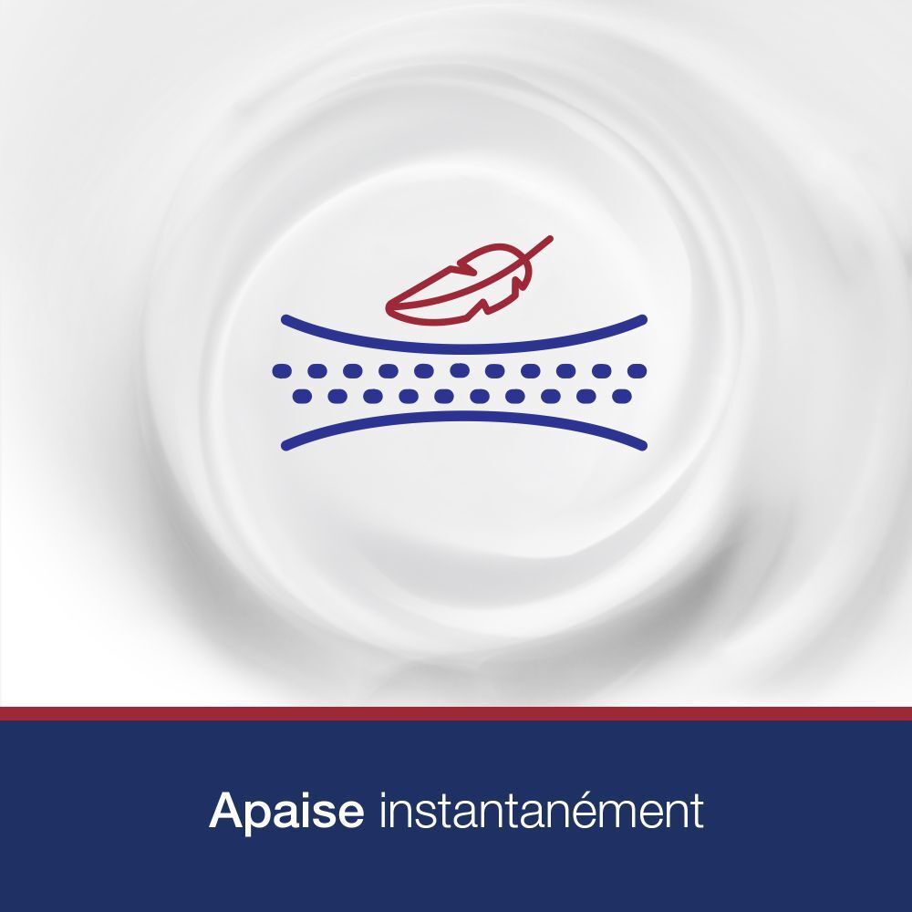 Symbole: plume sur peau. Texte: Apaise instantanément.