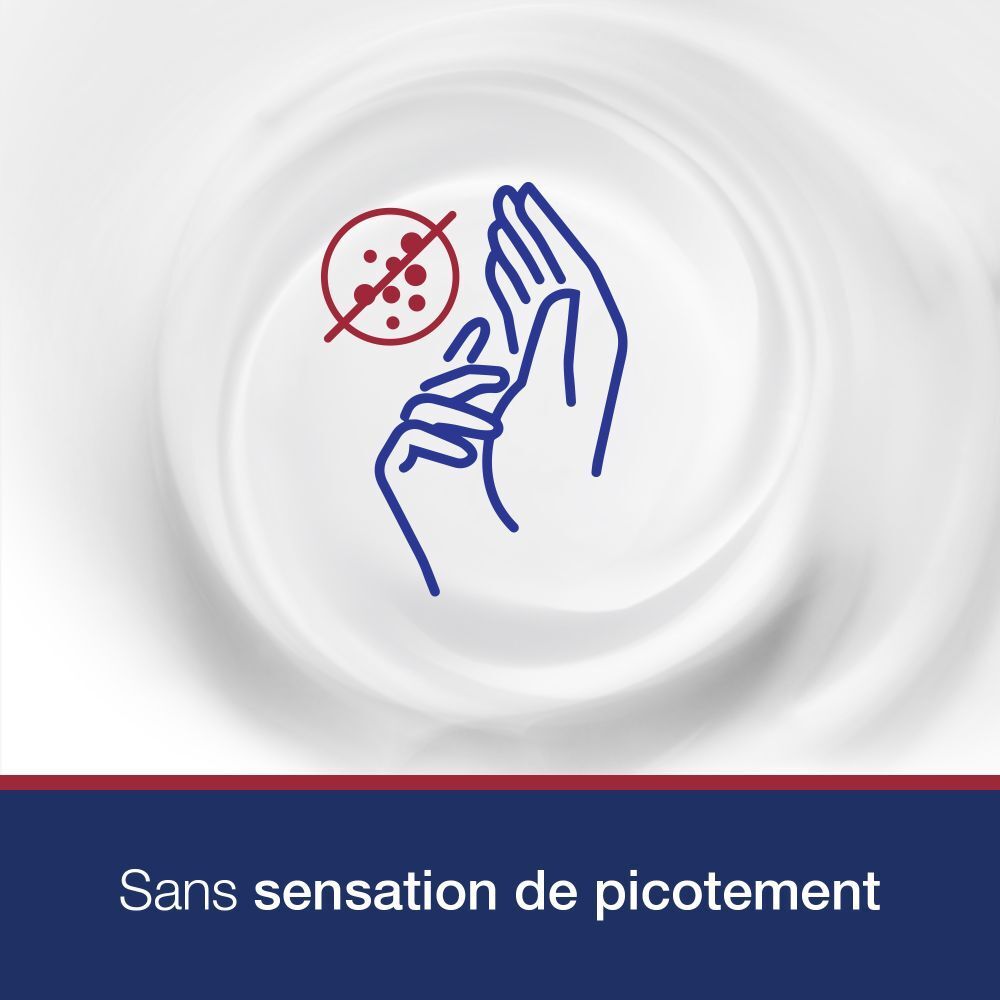 Symbole: mains avec points rouges. Texte: Sans sensation de picotement.