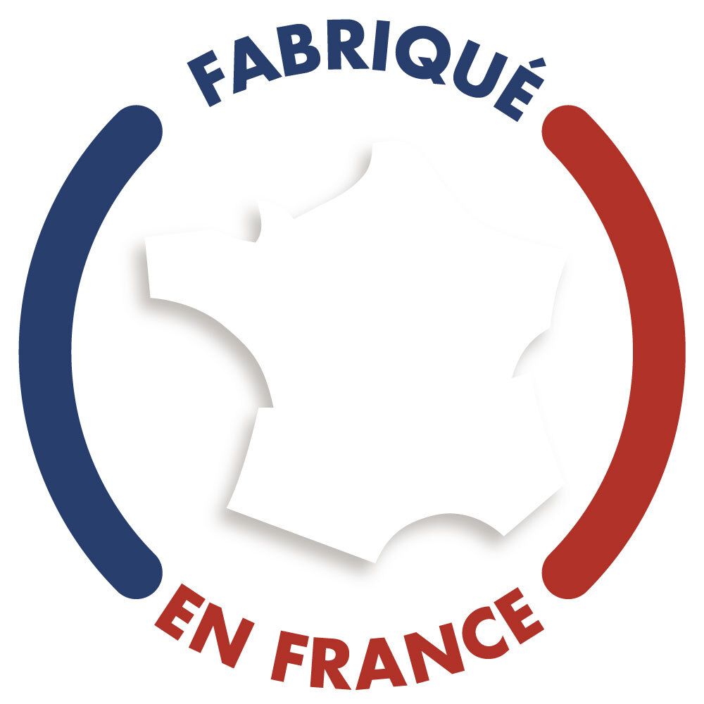 Logo: Fabriqué en France, cercle bleu-blanc-rouge avec contour de la France.