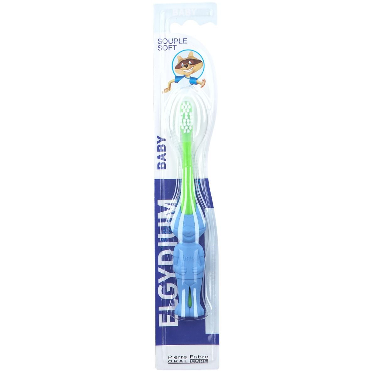 Baby-Zahnbürste mit blauem Griff, grünem Bürstenkopf und transparentem Blister. Marke Elgydium.