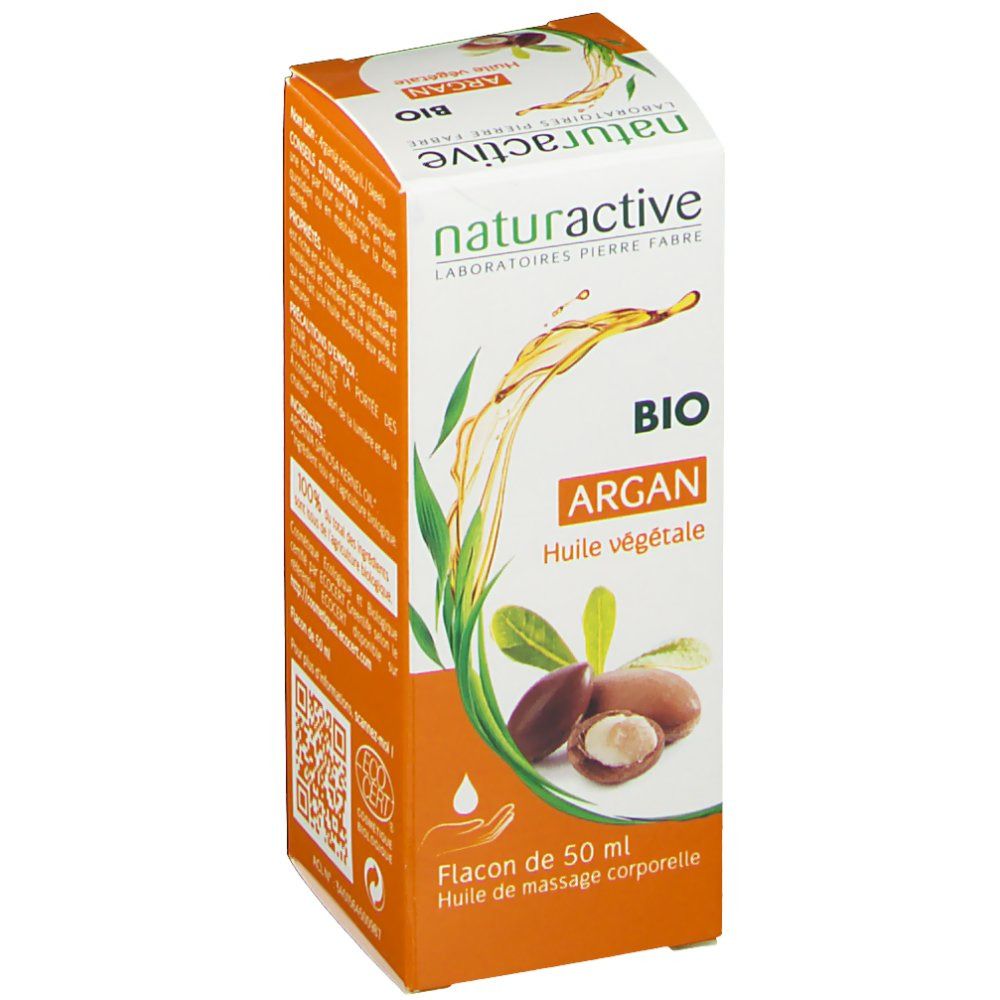 Emballage carton avec nom du produit, label BIO et illustration d'argan. Fond orange.