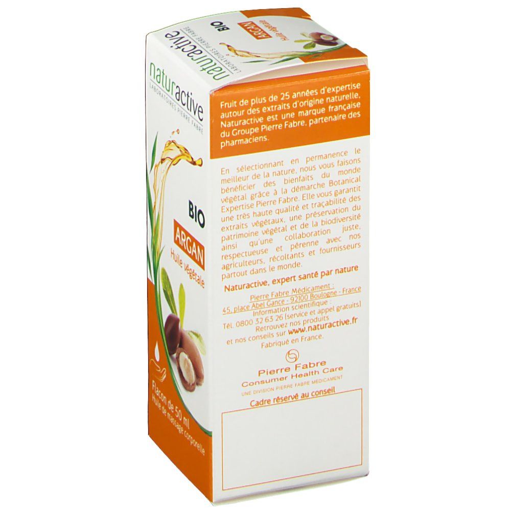 Emballage carton avec informations produit et logo de la marque. Fond orange.