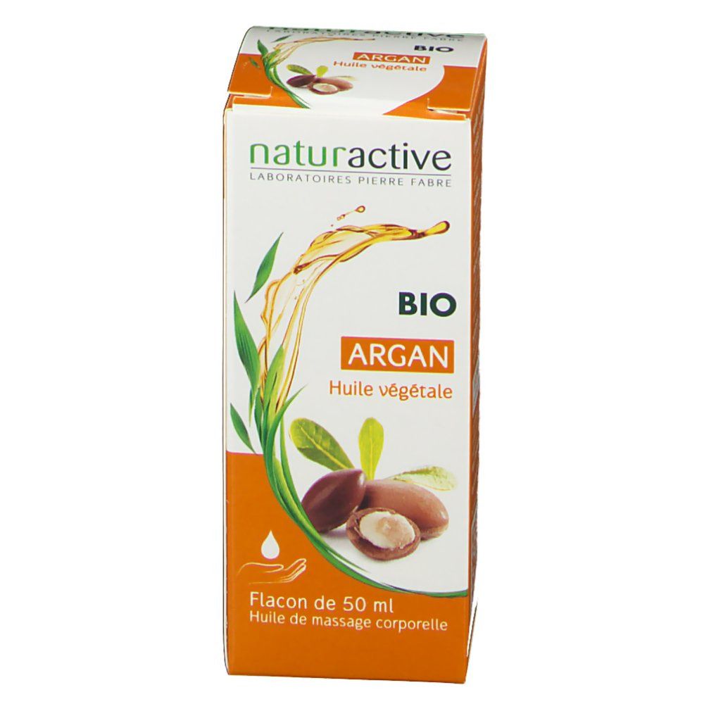 Emballage carton avec nom du produit, label BIO et illustration d'argan. Fond orange.
