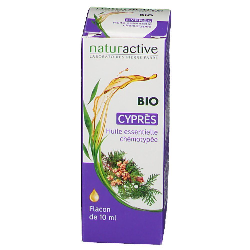 Boîte. Inscription: BIO, Cyprès, huile essentielle. Flacon de 10 ml. Logo et nom du produit.
