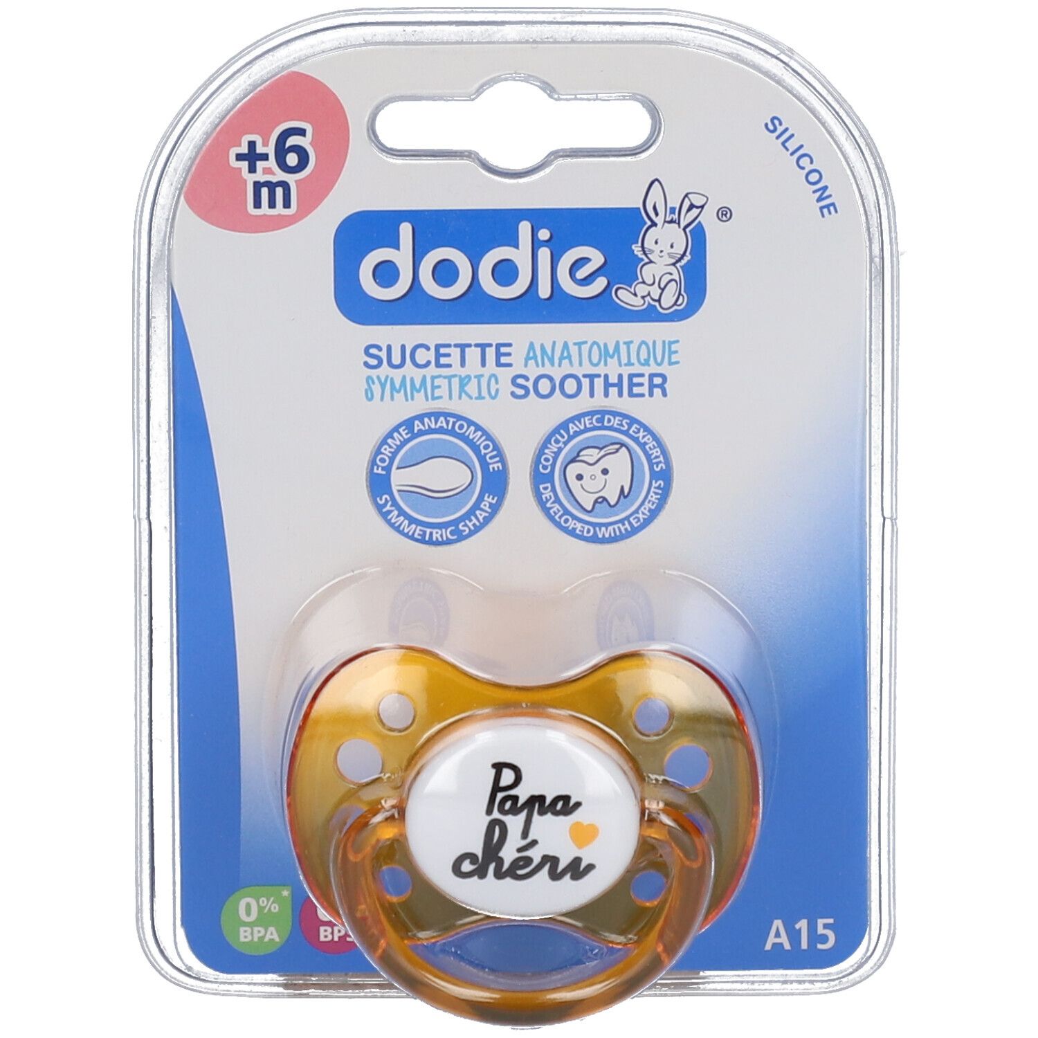 Dodie Schnuller in Blisterverpackung. Anatomisch geformt, Silikon. Aufschrift: Papa chéri. Geeignet ab 6 Monaten.