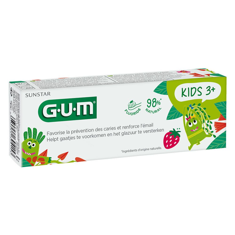 GUM Zahnpasta für Kinder. Tube mit Erdbeergeschmack. Enthält Fluorid. Für Kinder ab 3 Jahren. Verpackung mit Illustrationen.