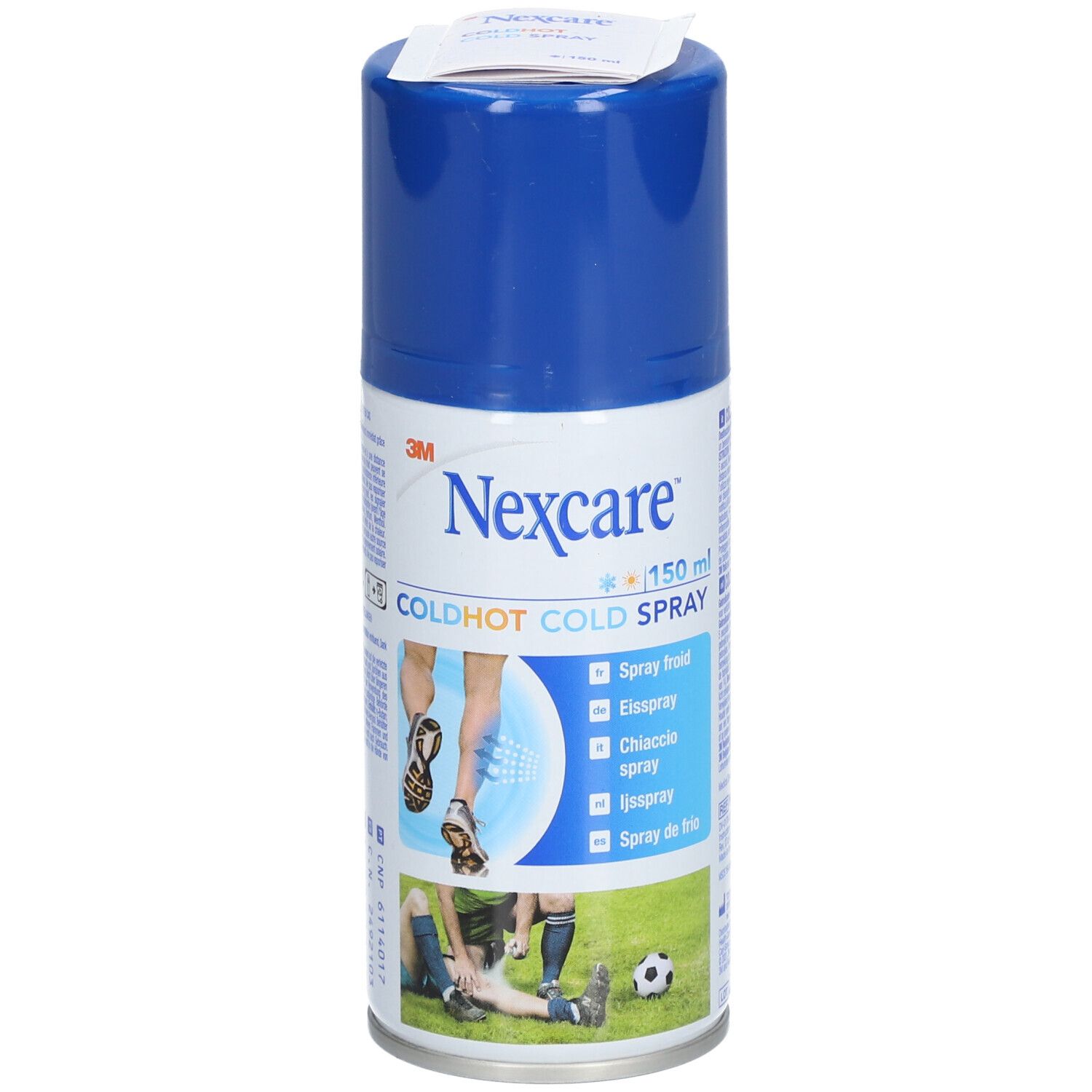 Flacon spray bleu et blanc. Inscription: Nexcare COLDHOT COLD SPRAY. Illustrations d'athlètes. 150 ml.