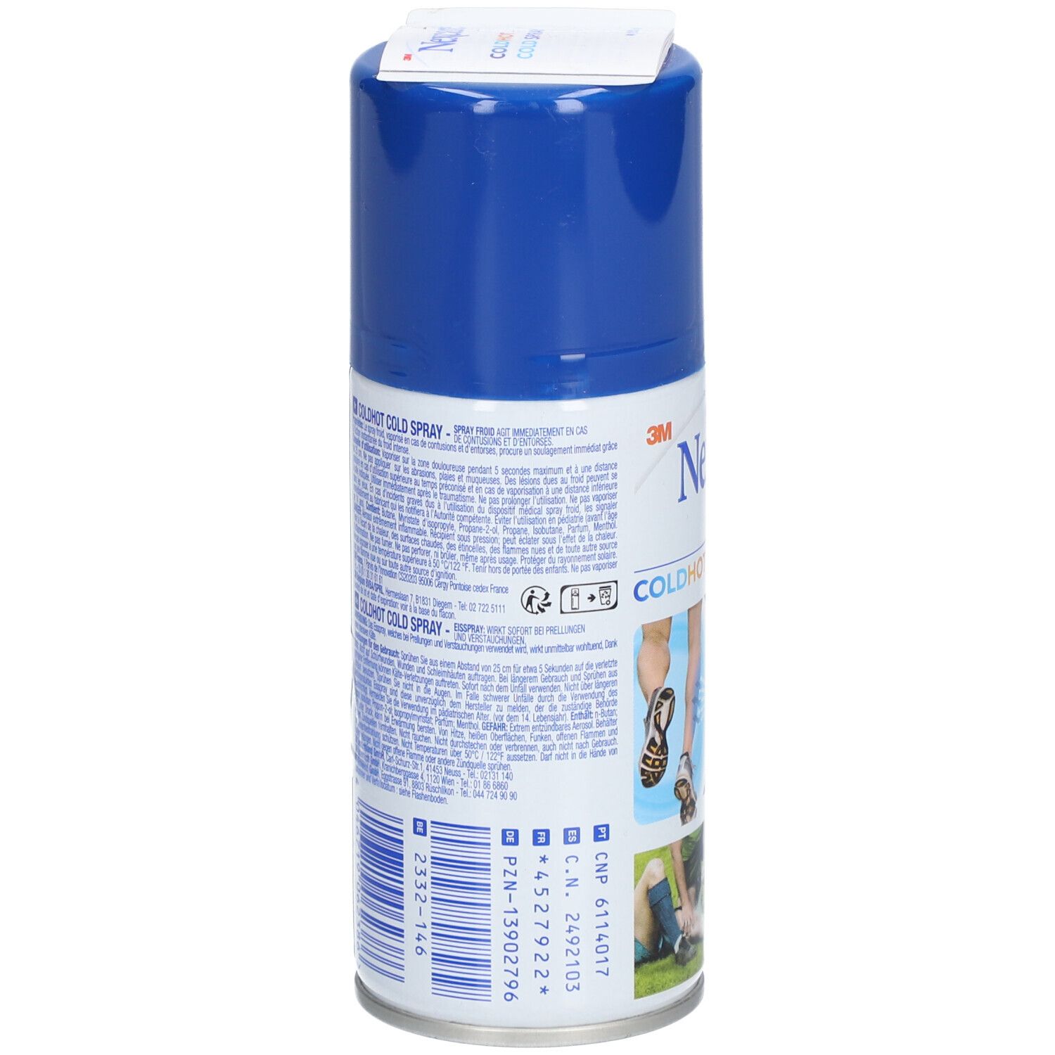 Dos du flacon spray. Texte en plusieurs langues. Informations sur le produit et code-barres.