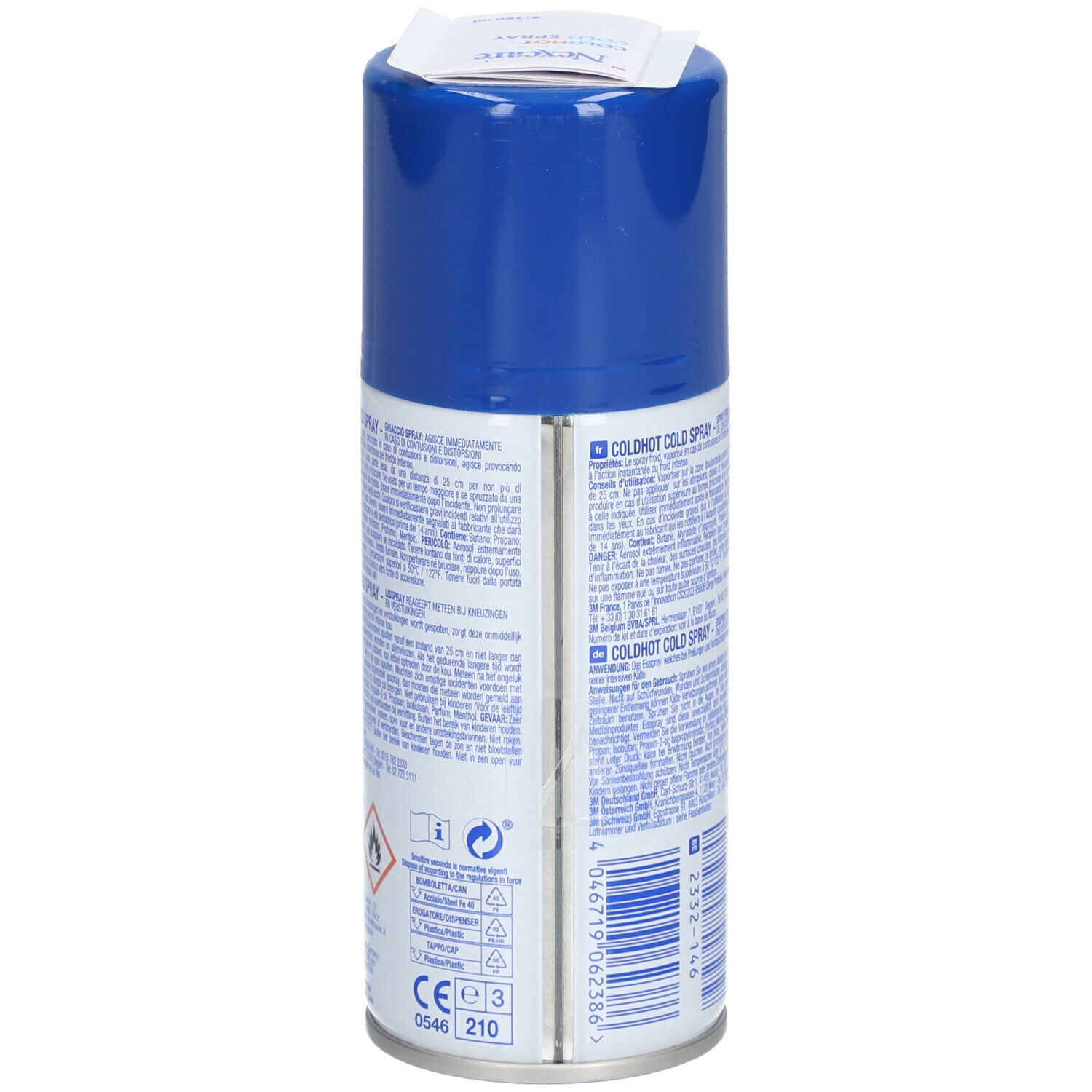 Dos du flacon spray. Texte en plusieurs langues. Symboles de sécurité et marquage CE.