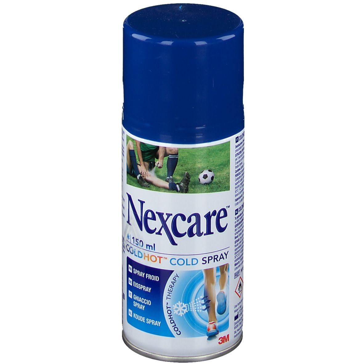 Flacon spray bleu et blanc. Inscription: Nexcare COLDHOT COLD SPRAY. Illustrations d'athlètes. 150 ml.