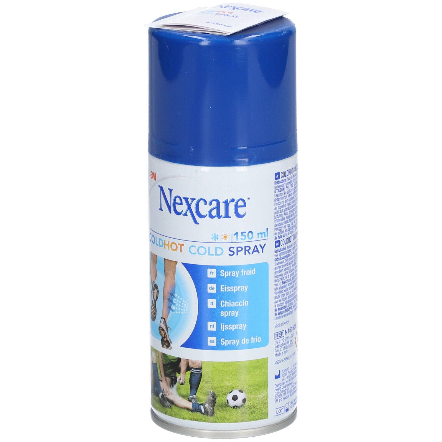 Flacon spray bleu et blanc. Inscription: Nexcare COLDHOT COLD SPRAY. Illustrations d'athlètes. 150 ml.