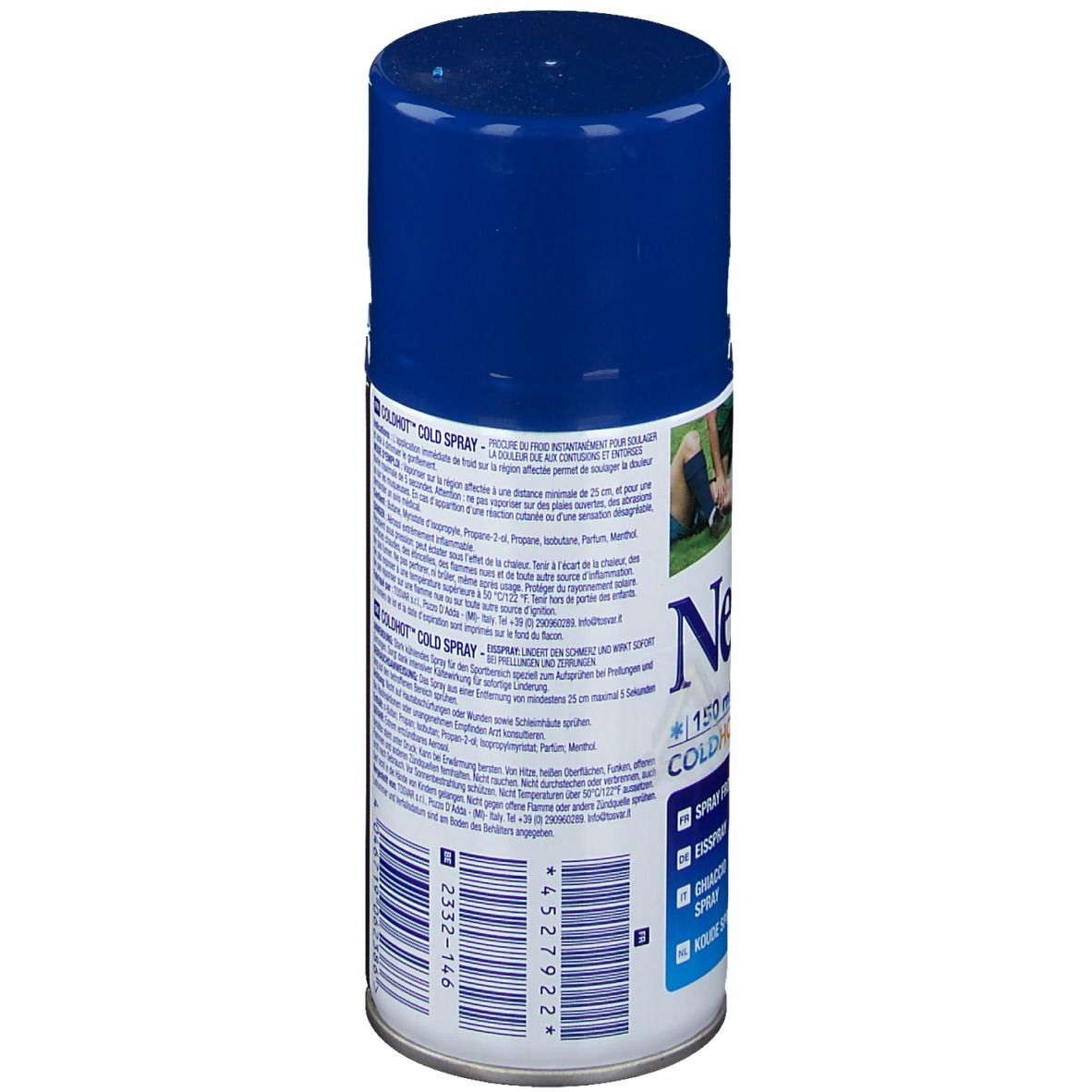 Dos du flacon spray. Texte en plusieurs langues. Informations sur le produit et code-barres.