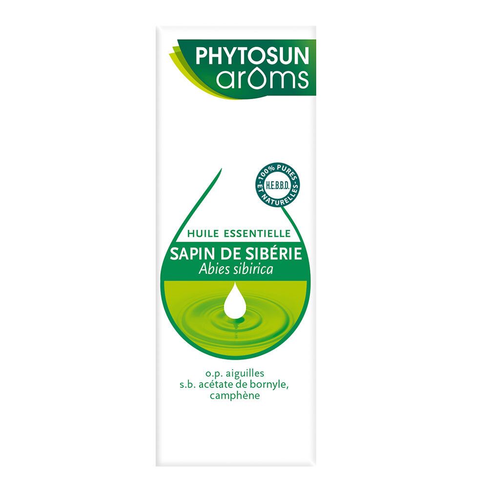 Étui blanc avec étiquette verte. Inscription: Phytosun Aroms, huile essentielle Sapin de Sibérie. Label HEBBD.