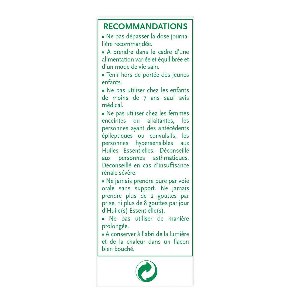 Dos d'un étui blanc avec texte. Recommandations d'utilisation du produit. Symbole de recyclage vert.