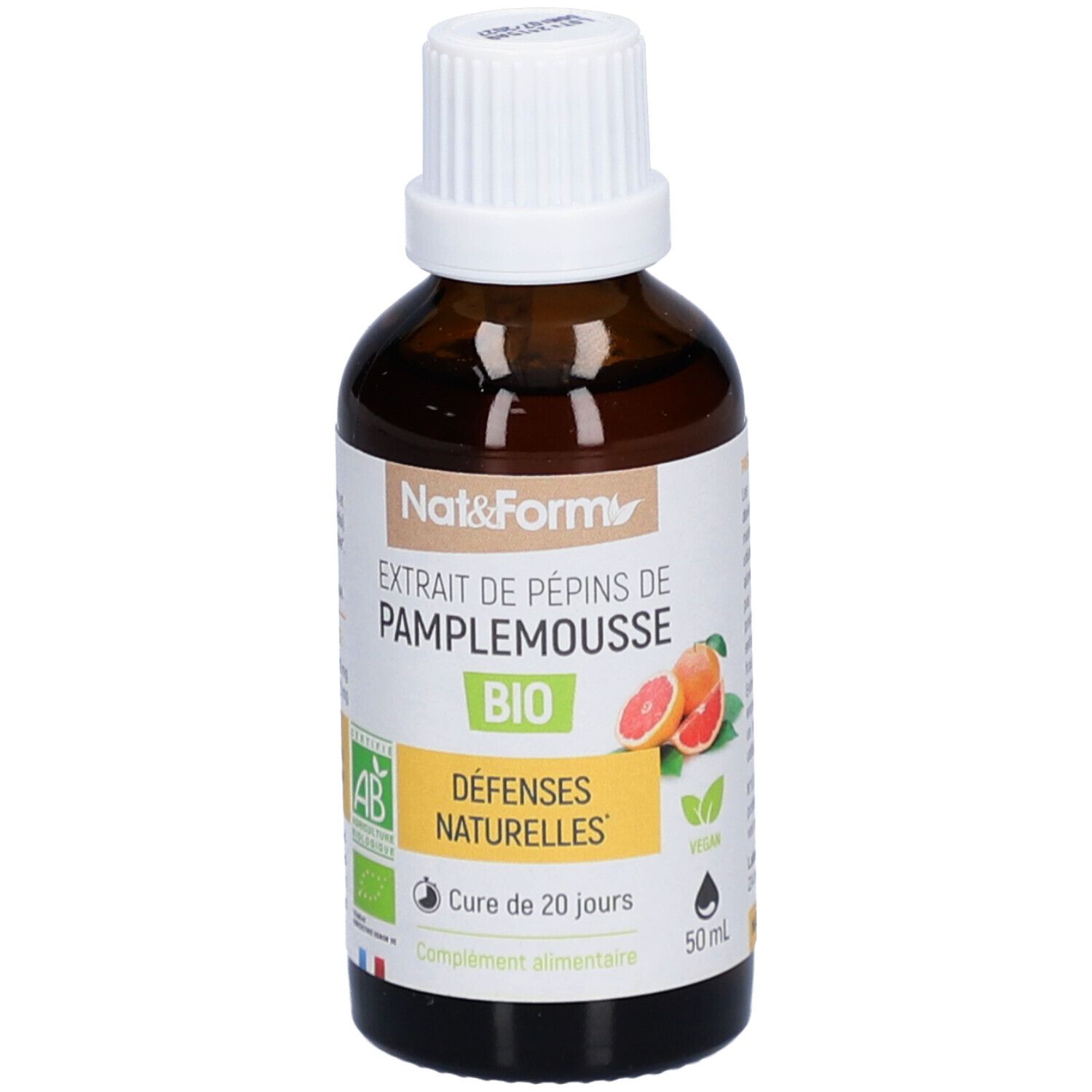 Braune Glasflasche mit weißem Deckel. Etikett mit Produktbezeichnung, Bio-Siegel und Grapefruit-Abbildung. 50 ml.