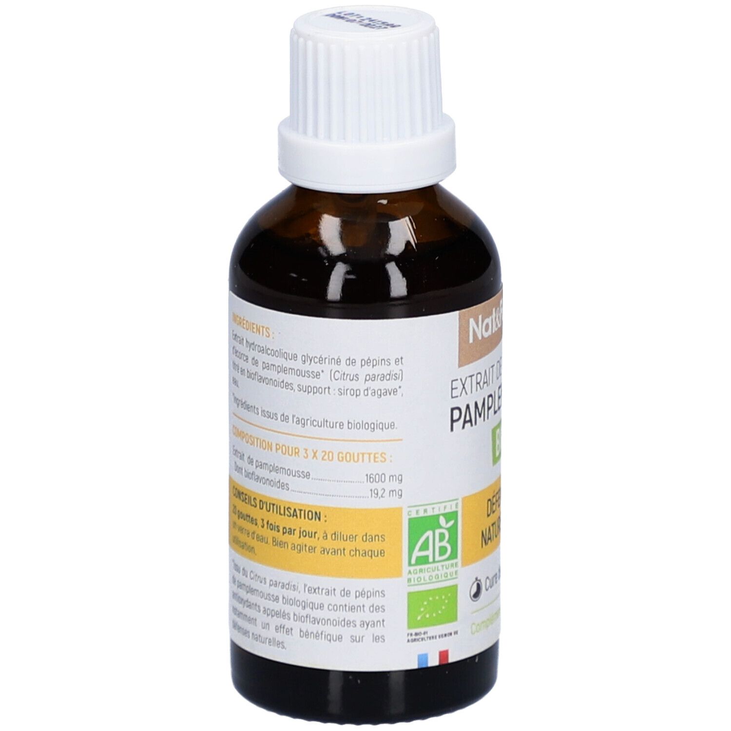 Rückansicht der braunen Glasflasche. Etikett mit Inhaltsstoffen, Dosierungsempfehlung und Bio-Siegel. Französische Beschriftung.