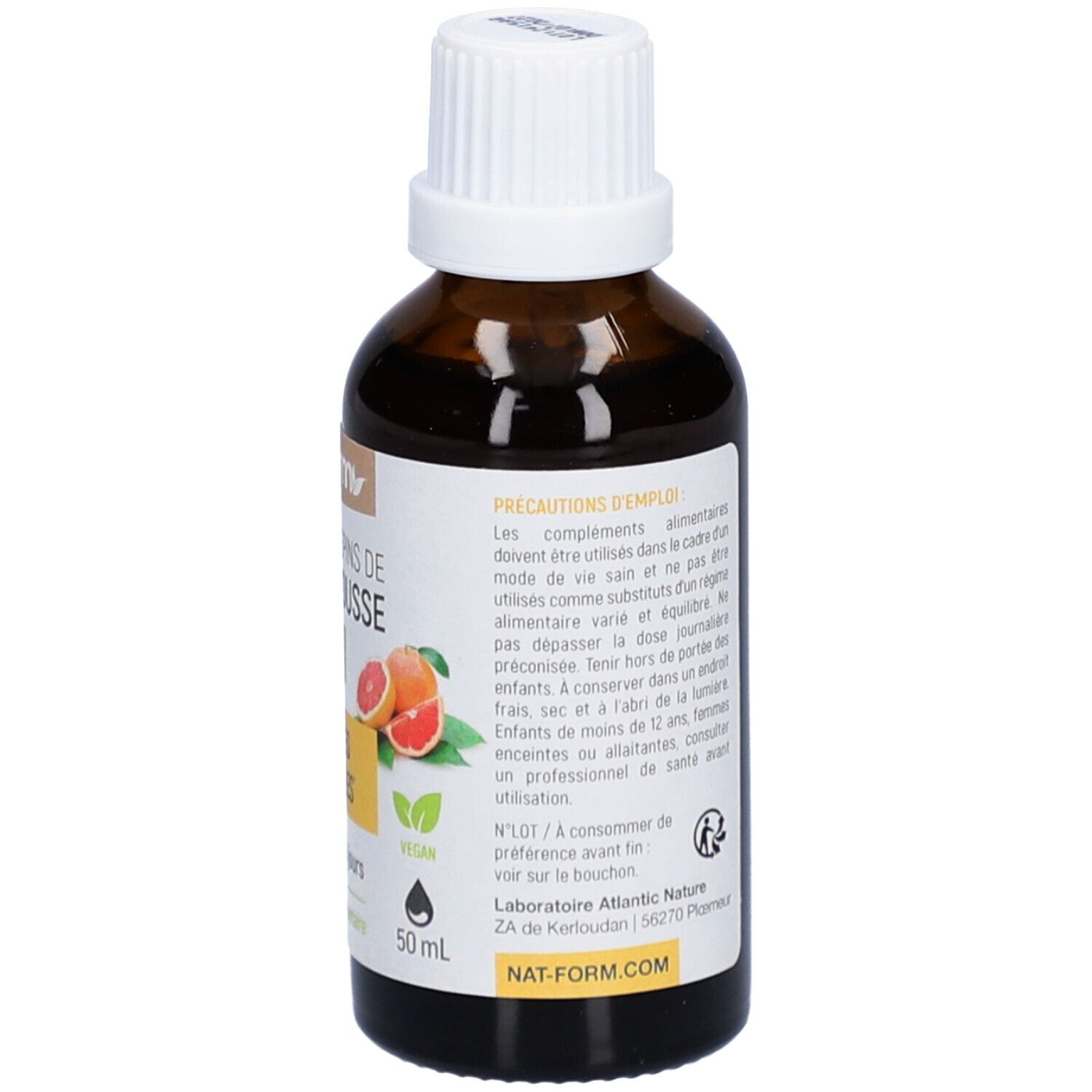 Braune Glasflasche mit weißem Deckel. Etikett mit Produktbezeichnung, Bio-Siegel und Grapefruit-Abbildung. 50 ml. Vegan-Logo.