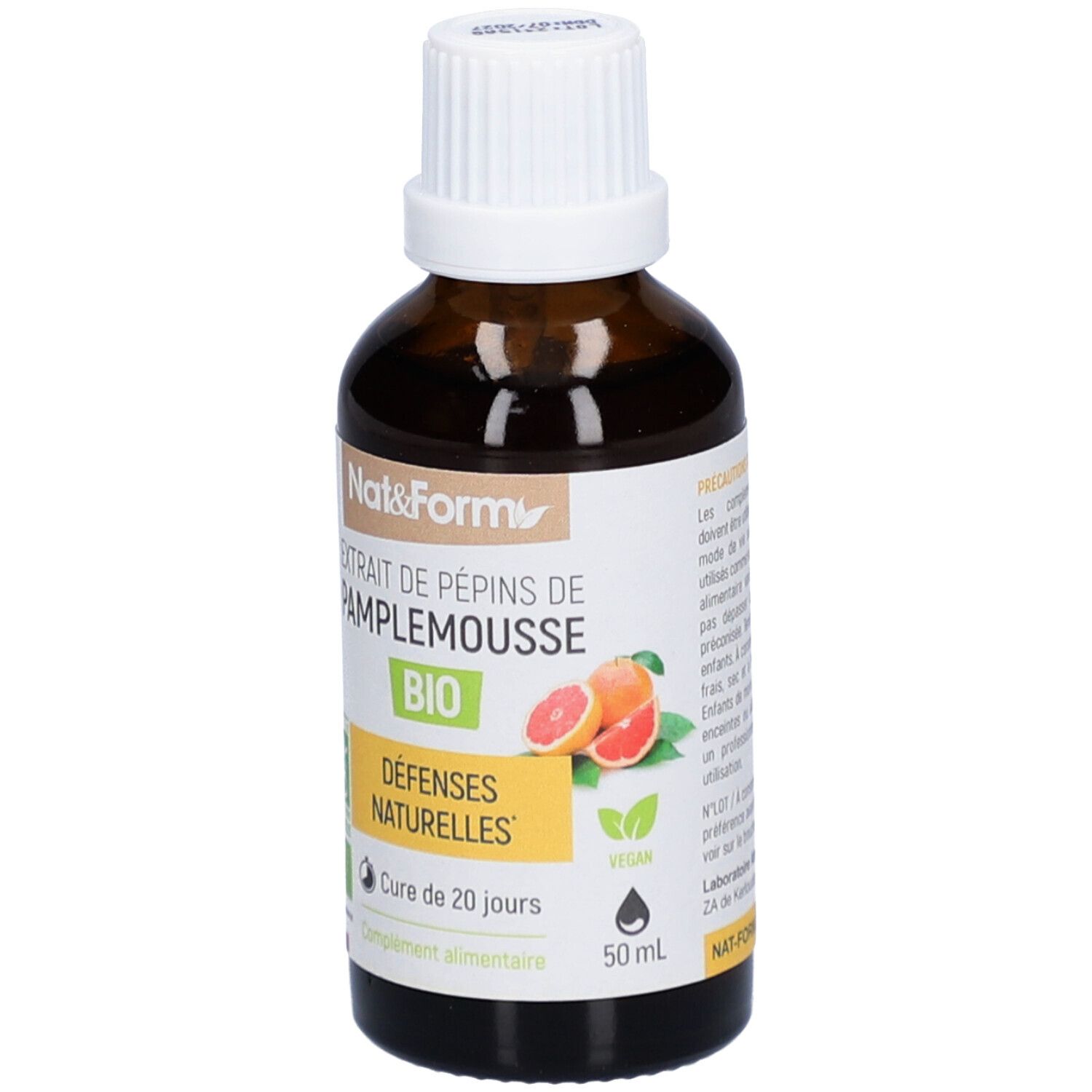 Braune Glasflasche mit weißem Deckel. Etikett mit Produktbezeichnung, Bio-Siegel und Grapefruit-Abbildung. 50 ml.