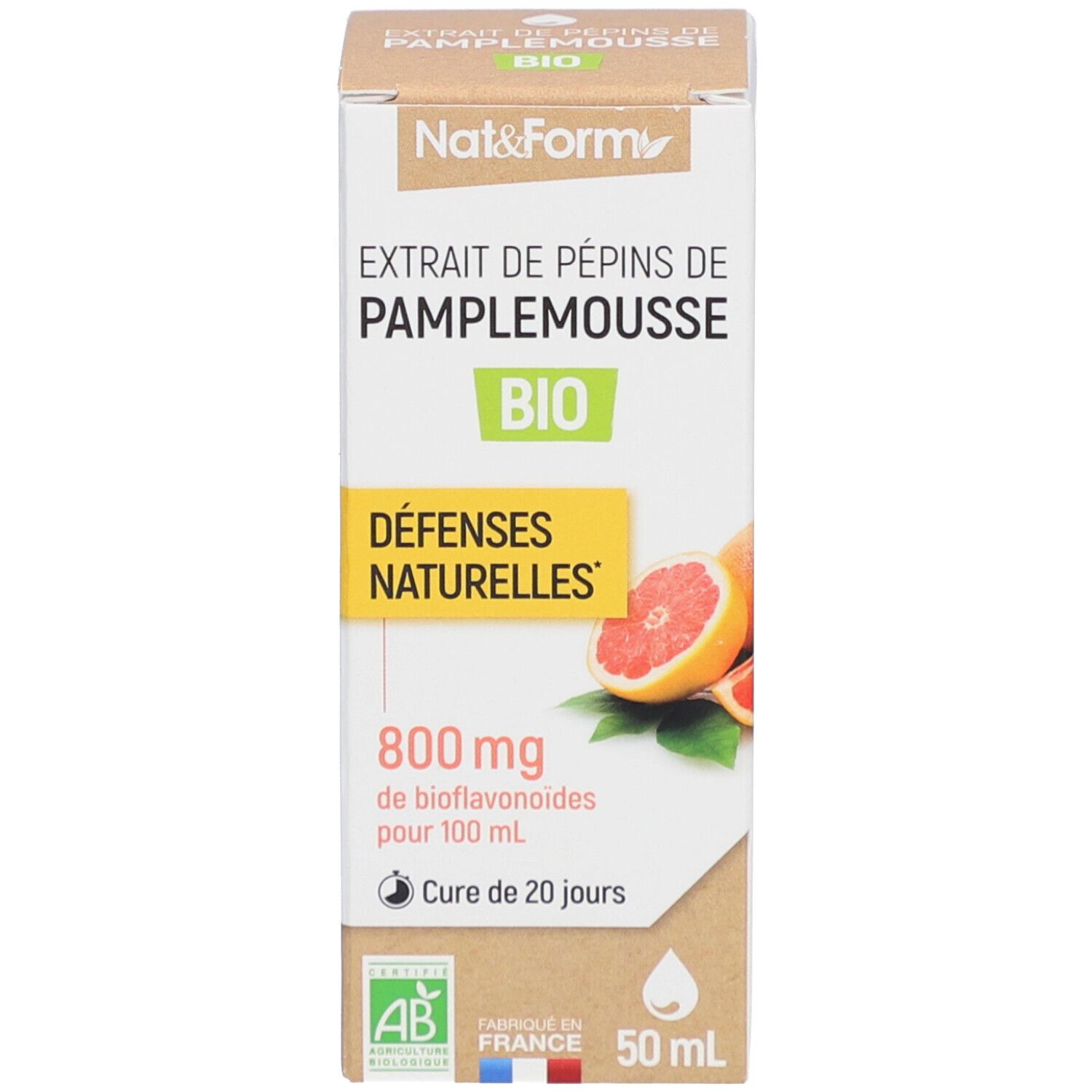 Kartonverpackung mit Produktbezeichnung, Bio-Siegel und Grapefruit-Abbildung. 50 ml. Französische Beschriftung.