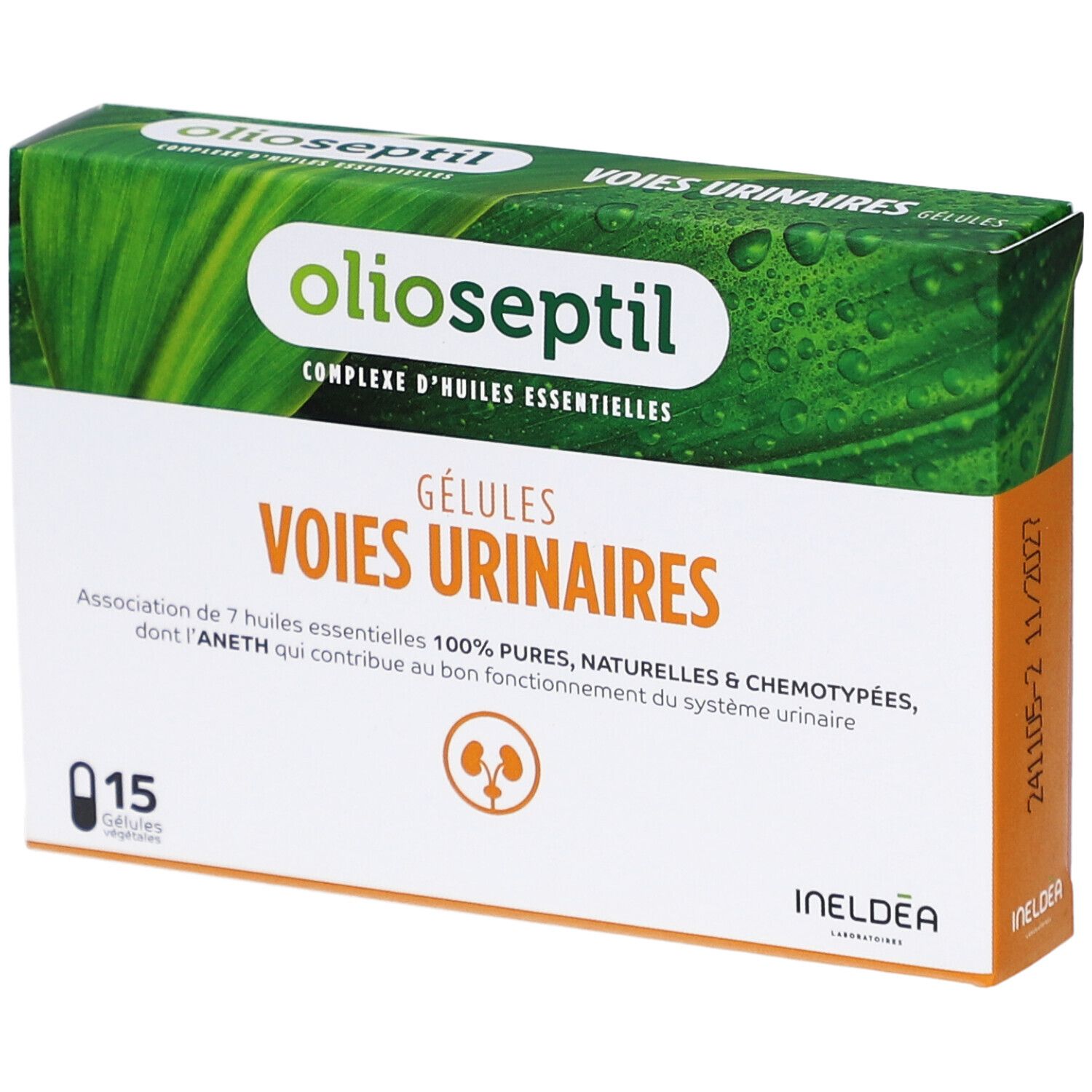 Boîte de gélules Olioseptil Voies Urinaires. 15 gélules. Design vert et blanc avec nom et logo du produit.
