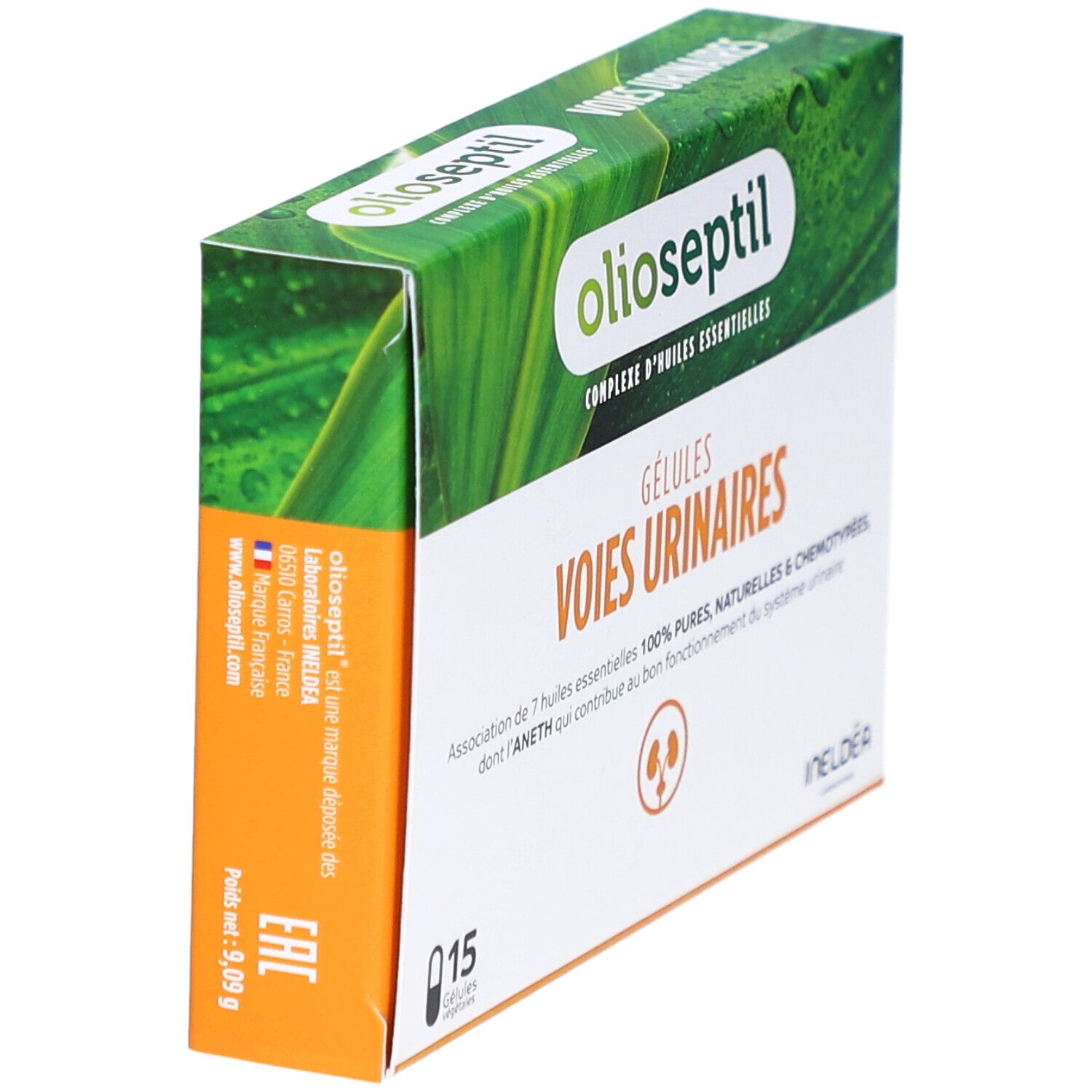 Boîte de gélules Olioseptil Voies Urinaires. Design vert et blanc. Nom et logo visibles. Vue en biais.