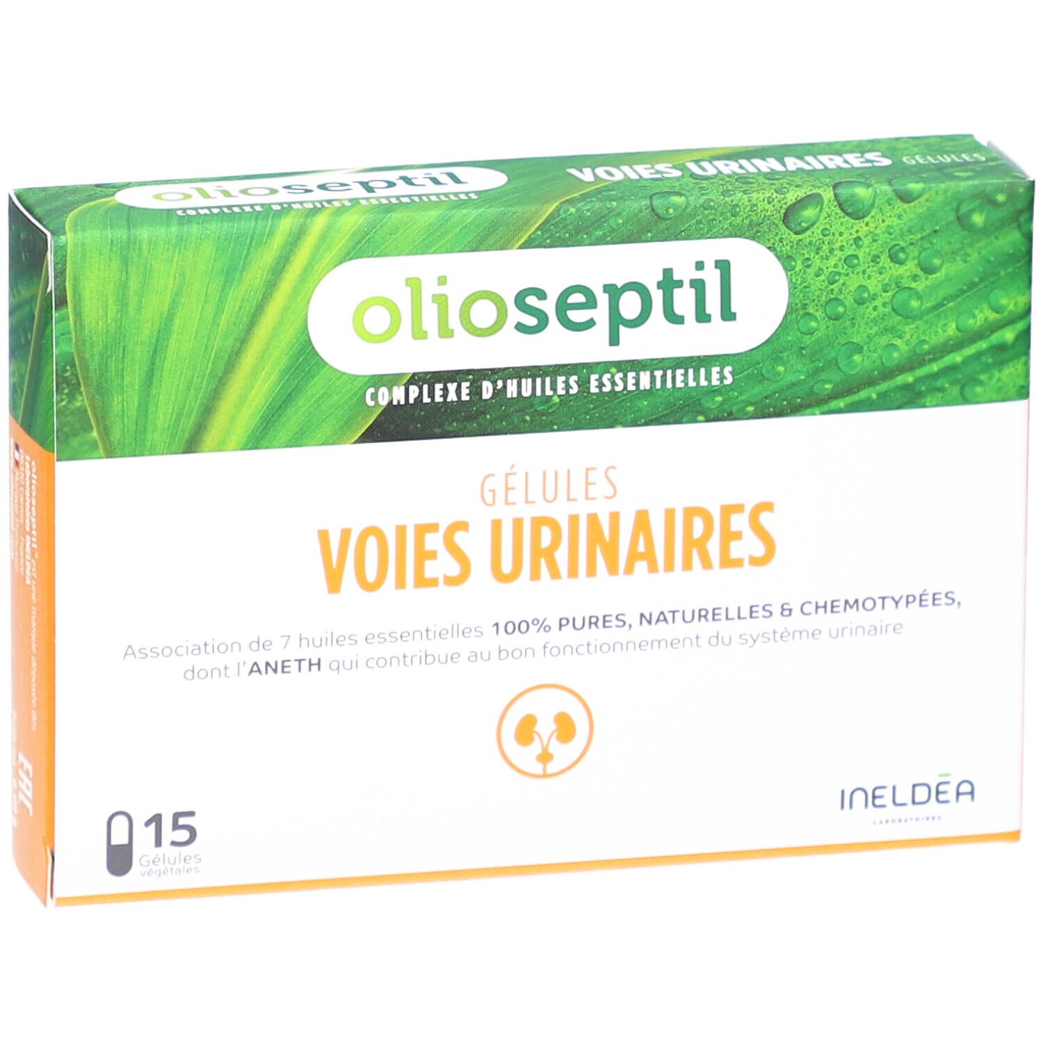 Boîte de gélules Olioseptil Voies Urinaires. 15 gélules. Design vert et blanc avec nom et logo du produit.