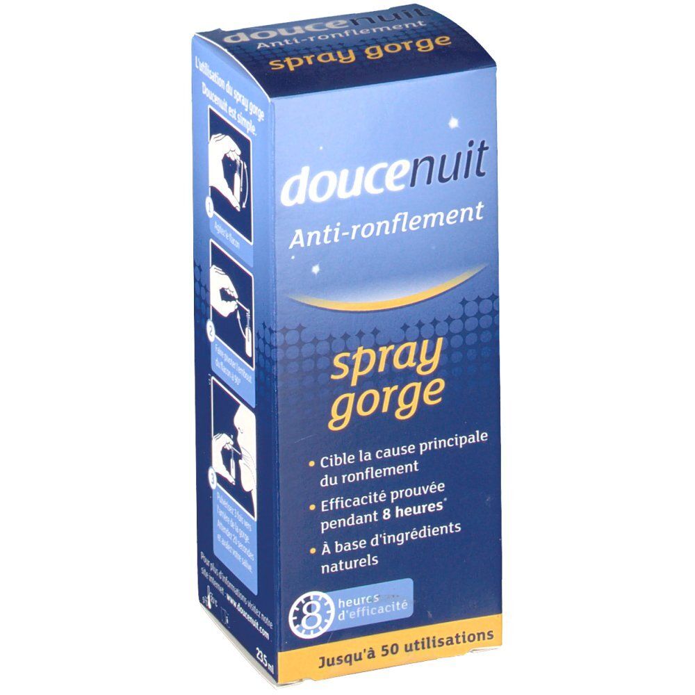 Blau-weiße Verpackung mit Produktnamen und Aufschrift "Anti-Schnarch-Halsspray". Text in Französisch. Enthält Illustrationen und Produktinformationen.