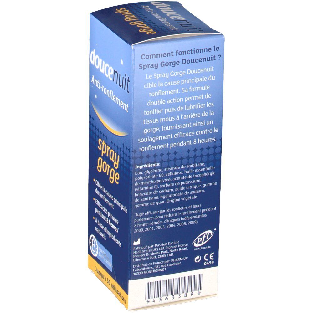 Rückseite der Verpackung. Text in Französisch. Enthält Produktinformationen, Inhaltsstoffe und Herstellerangaben. Weiße Schrift auf blauem Grund.