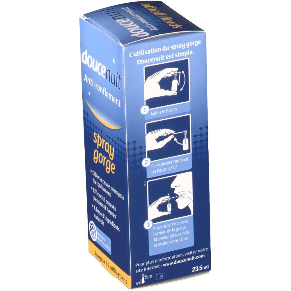 Verpackung mit Illustrationen zur Anwendung des Produkts. Text in Französisch. Zeigt Schritte zur Verwendung des Sprays. Blau-weiße Farbgebung.