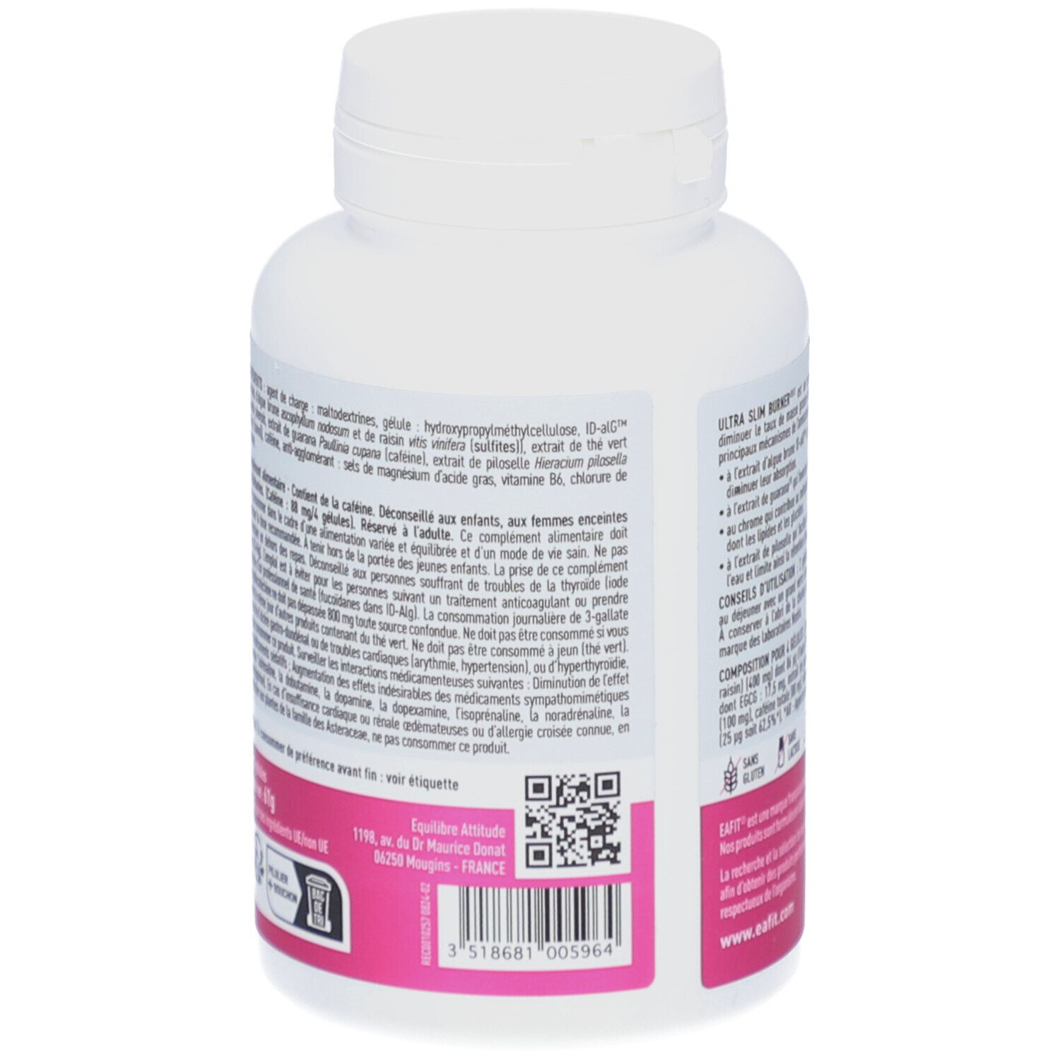 Rückseite der weißen Flasche. Detailansicht des Etiketts mit Text. QR-Code und Herstellerinformationen.