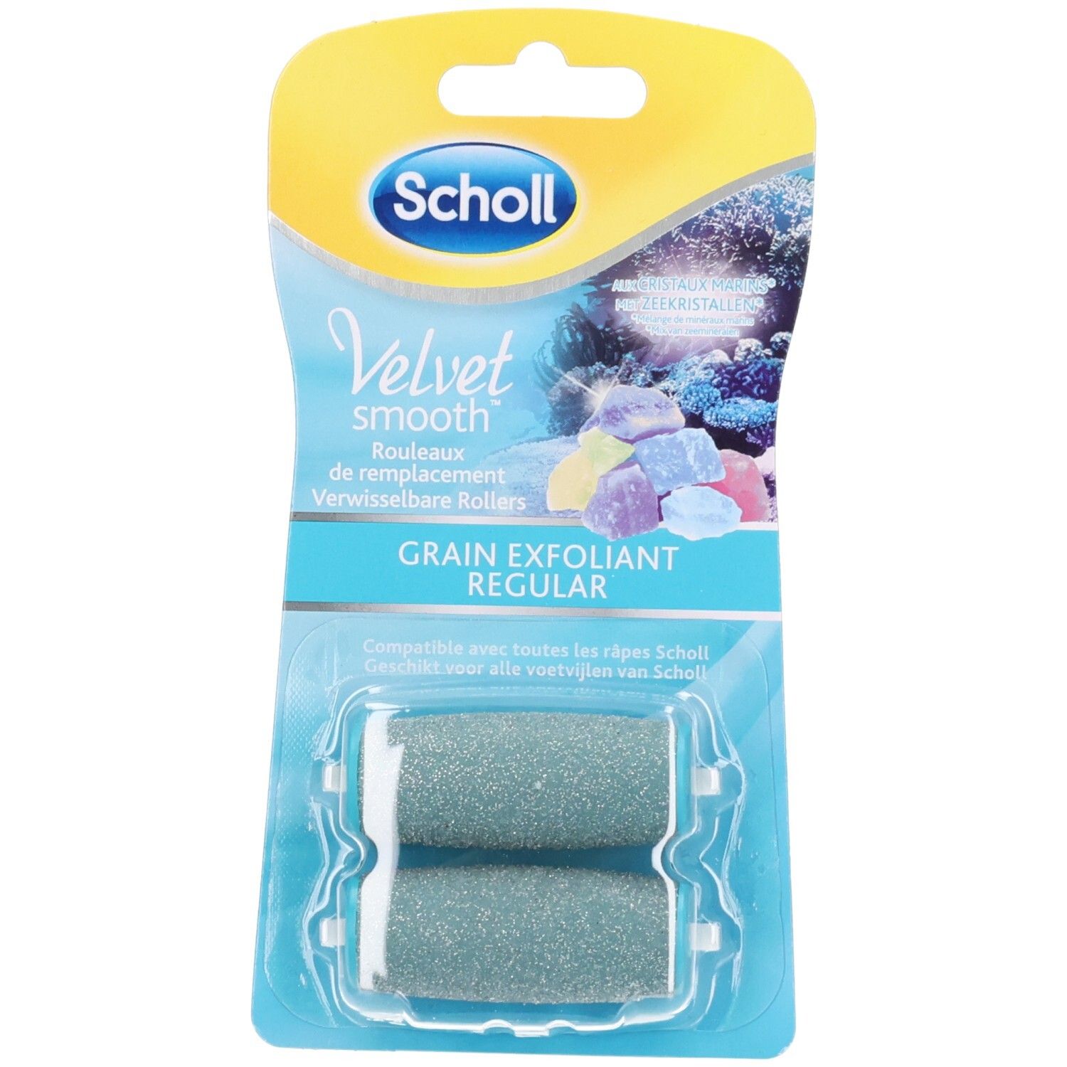 Scholl Velvet Smooth Ersatzrollen. Zwei graue Rollen in Verpackung. "Grain Exfoliant Regular" Text.