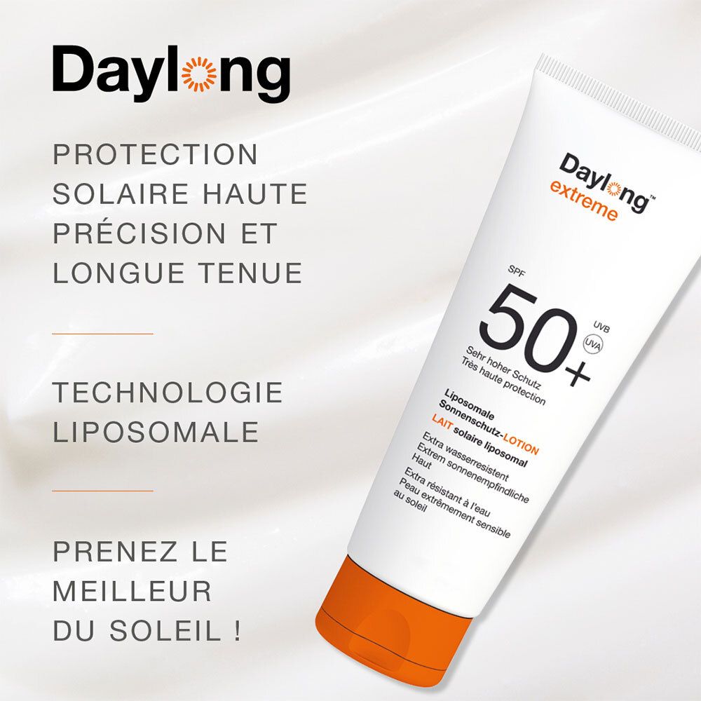 Tube vor hellem Hintergrund. Aufschrift: Daylong extreme SPF 50+. Liposomale Technologie.