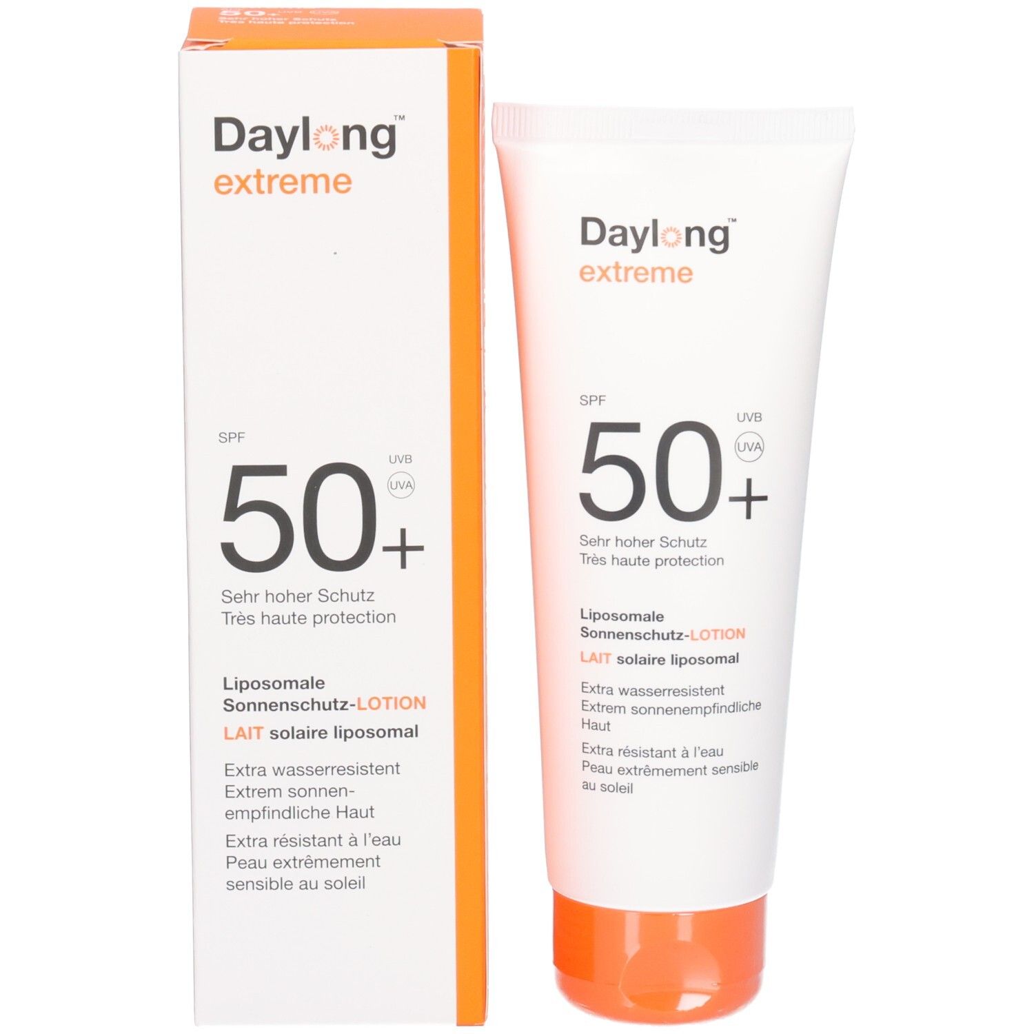 Produktverpackung: Tube und Schachtel. Aufschrift: Daylong extreme, SPF 50+, Liposomale Sonnenmilch-Lotion.