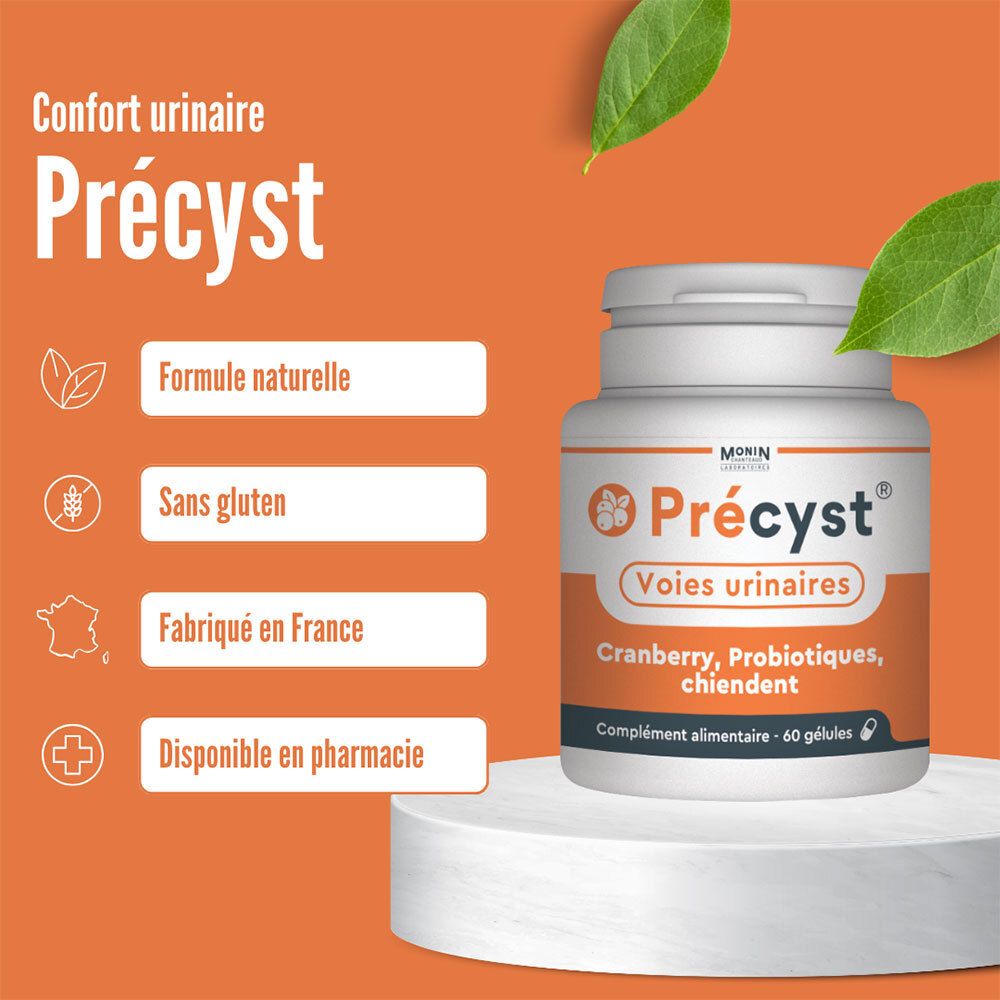 Orangefarbener Hintergrund mit Text. Précyct, Voies urinaires, Cranberry, Probiotika, Chiendent. Formule naturelle, sans gluten, Fabriqué en France.