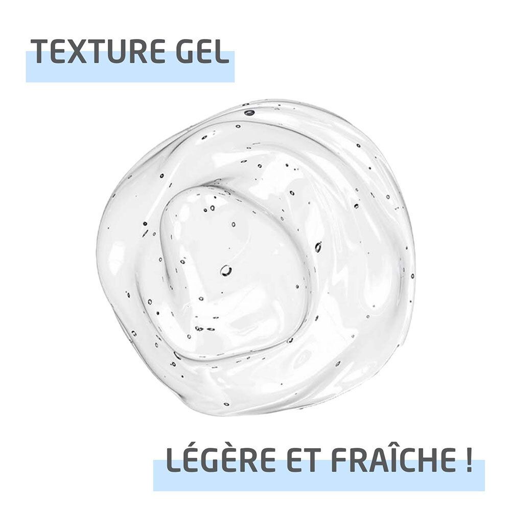 Nahaufnahme von transparentem Gel. Text: Texture gel, légère et fraîche!