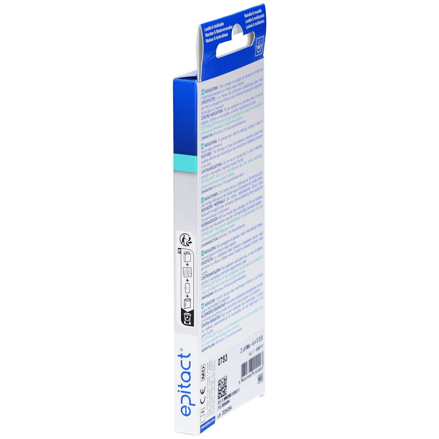 Côté de la boîte Epitact Hallux valgus. Texte et logos sur fond blanc.