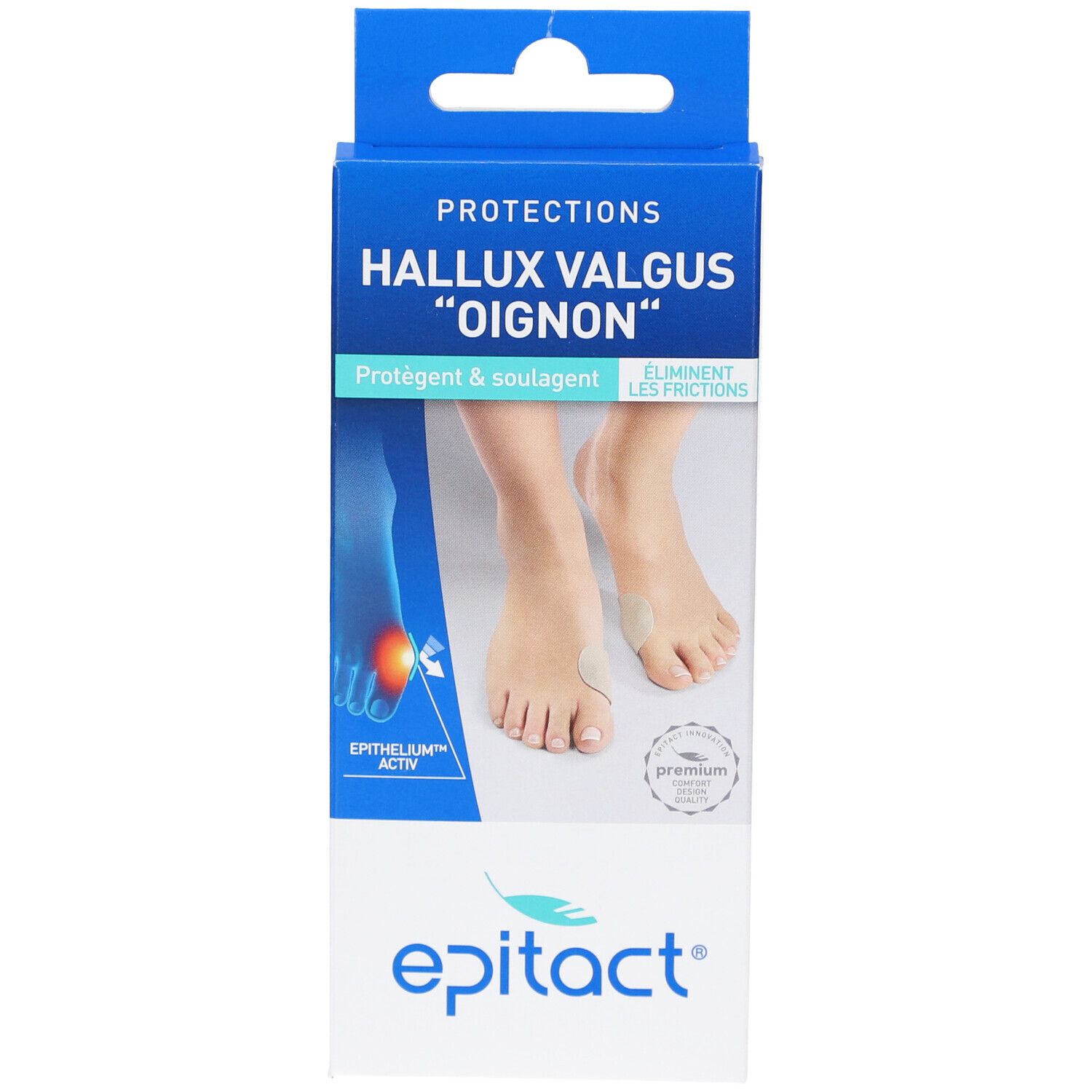 Boîte Epitact Hallux valgus. Emballage bleu et blanc avec image du produit et texte.