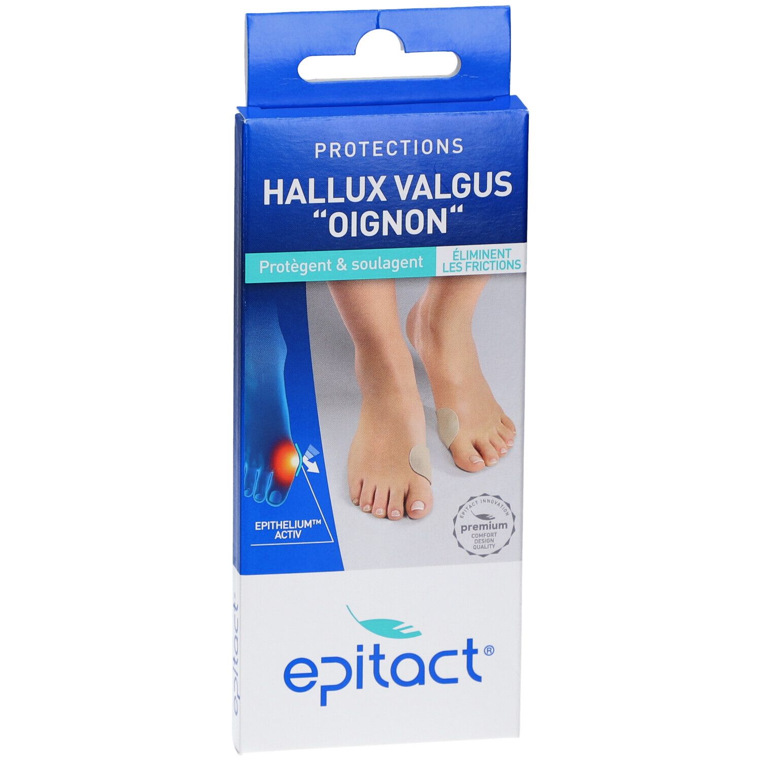 Boîte Epitact Hallux valgus. Emballage bleu et blanc avec image du produit et texte.