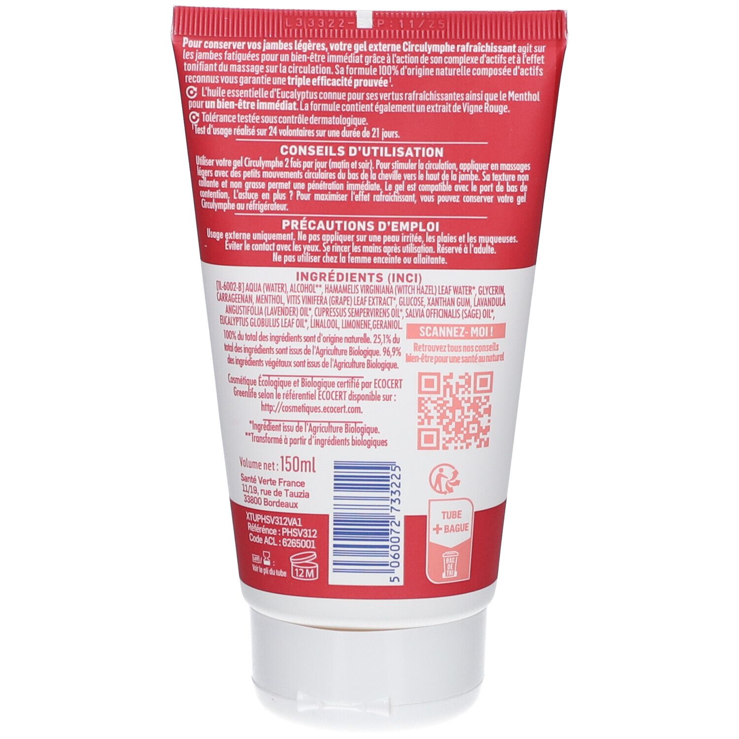 150ml Tube mit Anwendungshinweisen und Inhaltsstoffen auf Französisch.