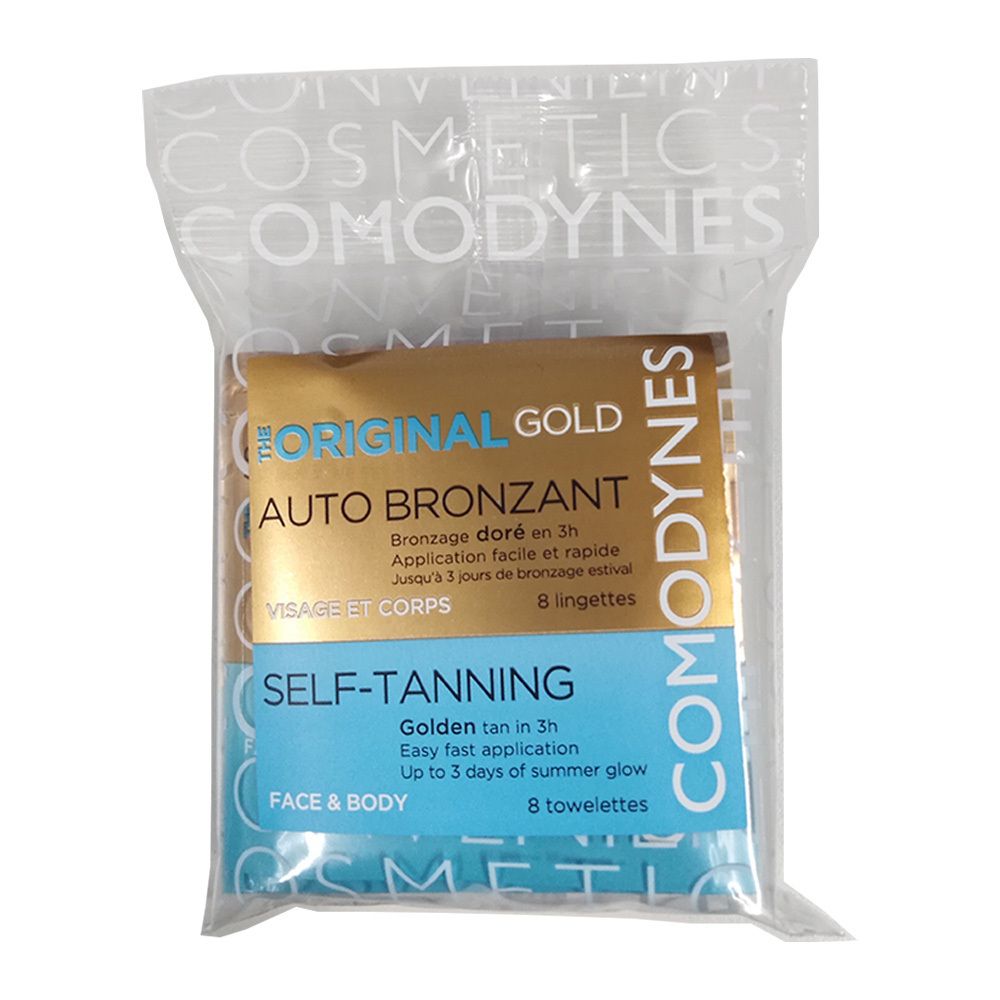 Paquet de lingettes autobronzantes. Carte dorée et bleue avec informations produit. Emballage plastique transparent.