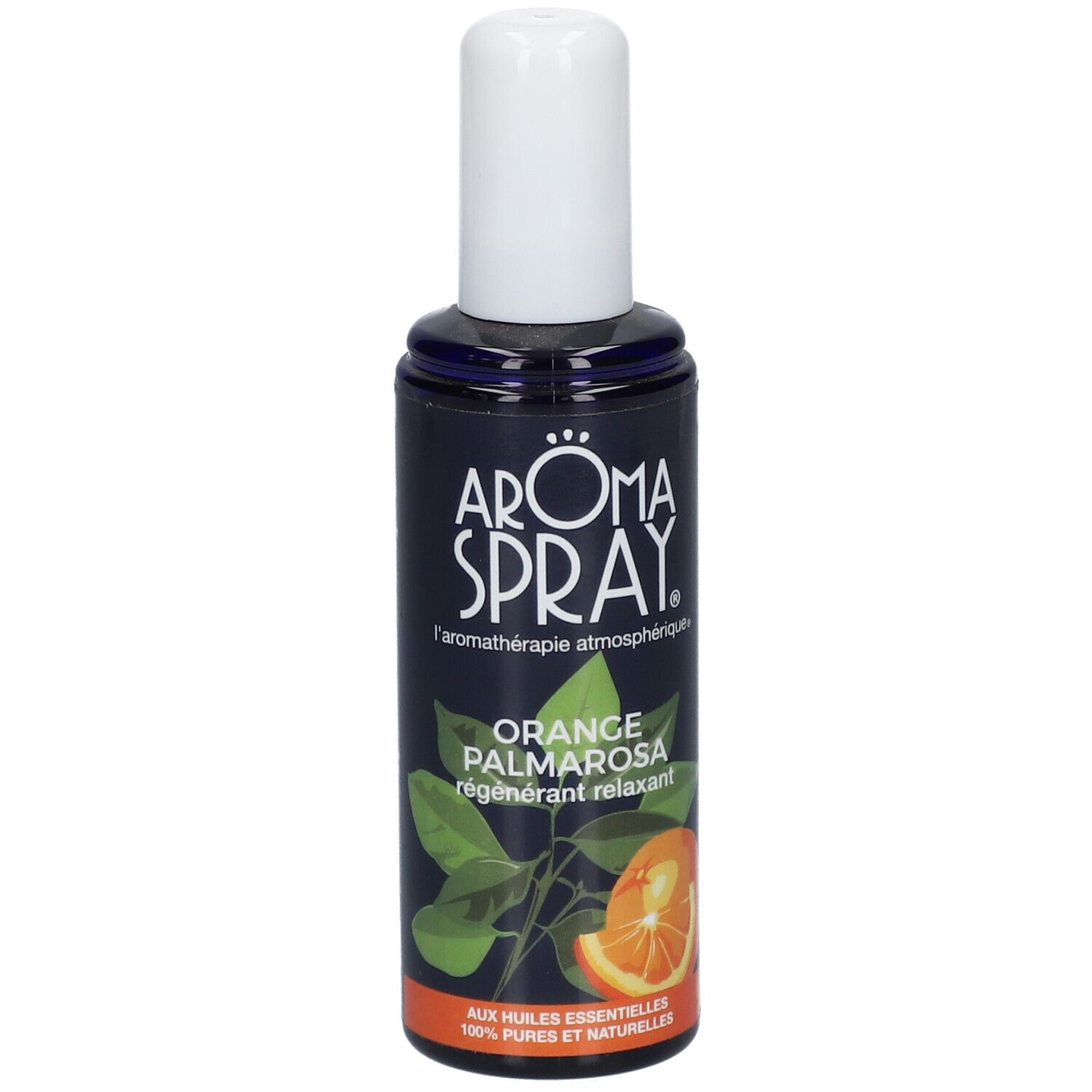 Flacon d'Aromaspray avec tête de pulvérisation blanche. Inscription : Orange Palmarosa, régénérant relaxant. Illustration d'une orange.