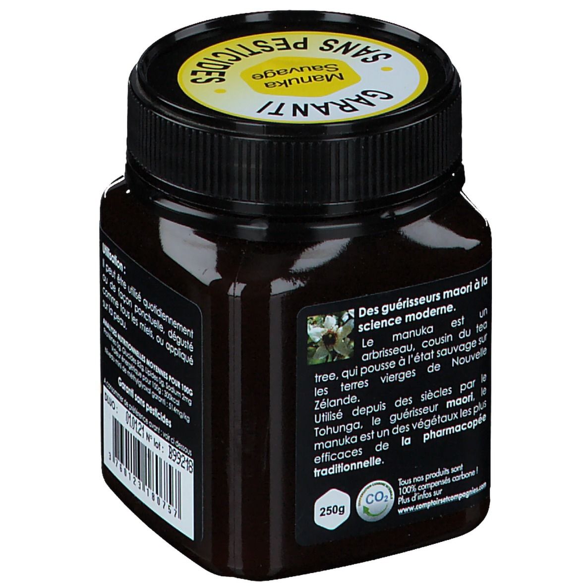 Pot de miel avec étiquette noire. Texte jaune : Miel de Manuka Nouvelle Zélande IAA 15+. Dos avec description et indication 250g.