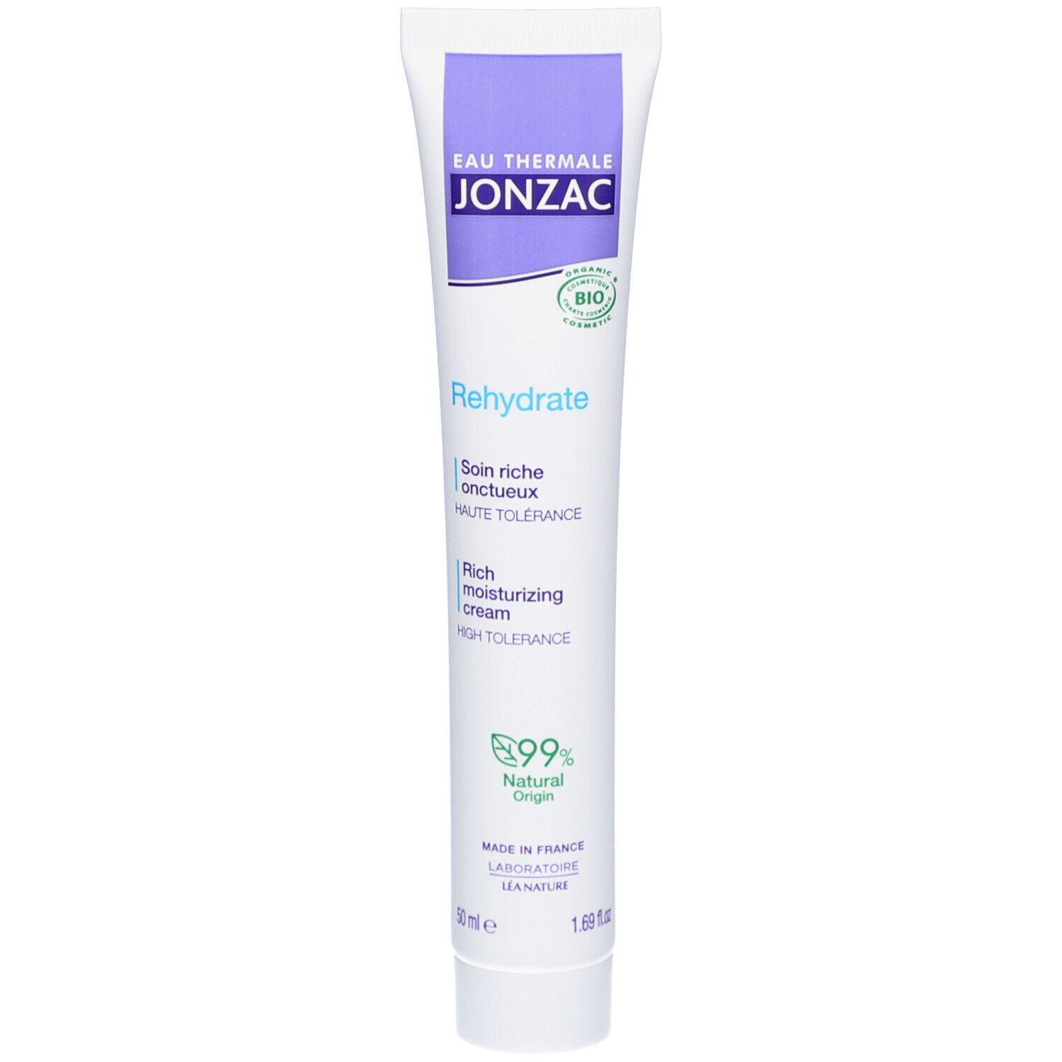 Tube de crème avec nom et logo du produit. Blanc, violet et vert. Texte : Rehydrate, Rich moisturizing cream, 99% Natural Origin.