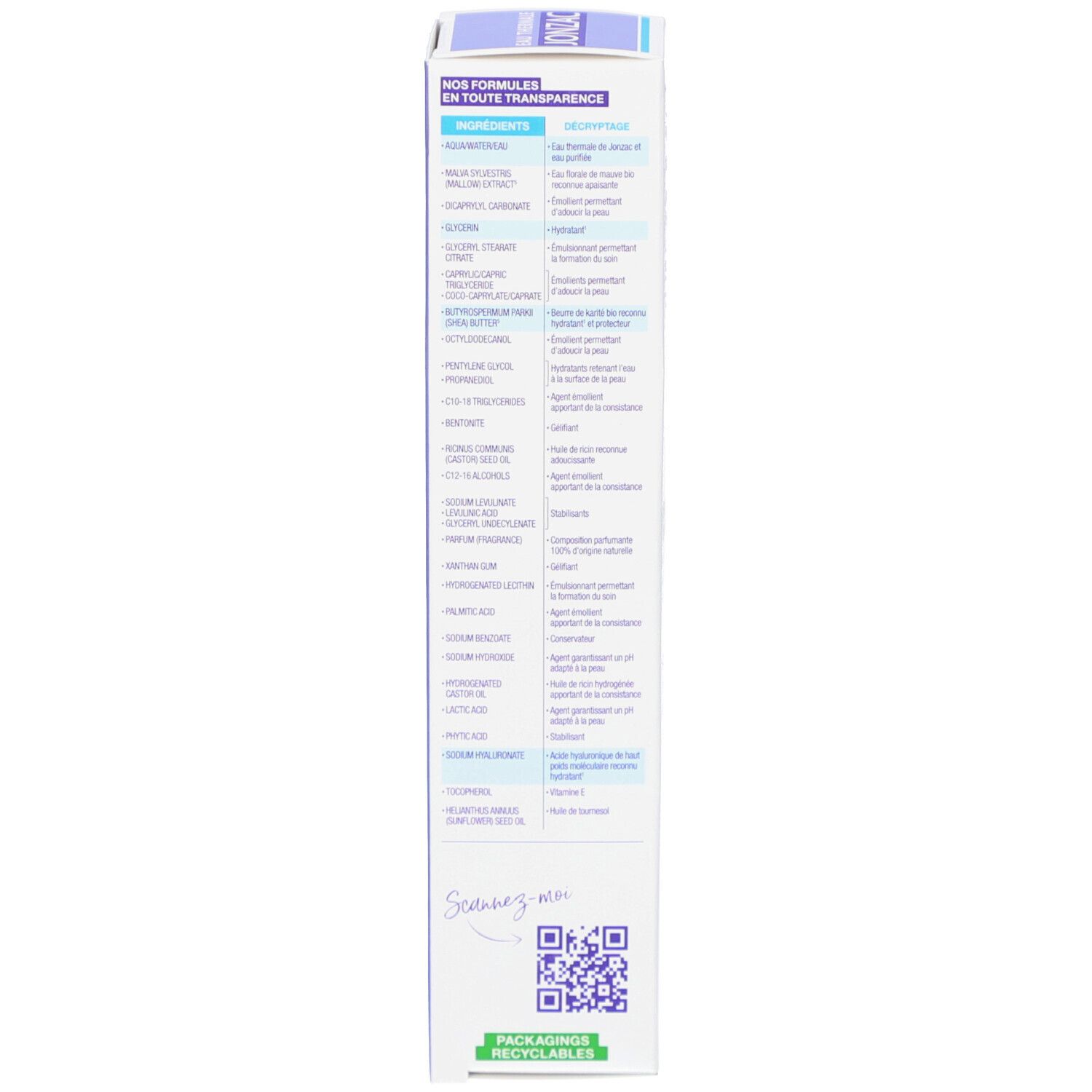 Dos de l'emballage du produit. Blanc avec texte en plusieurs langues. Contient des informations sur les ingrédients et l'utilisation.