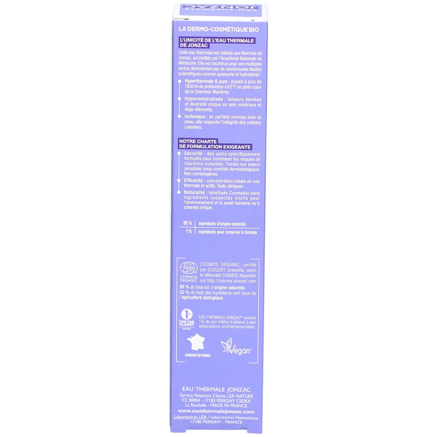 Côté de l'emballage du produit. Blanc avec texte en plusieurs langues. Contient des informations sur les ingrédients et l'utilisation.