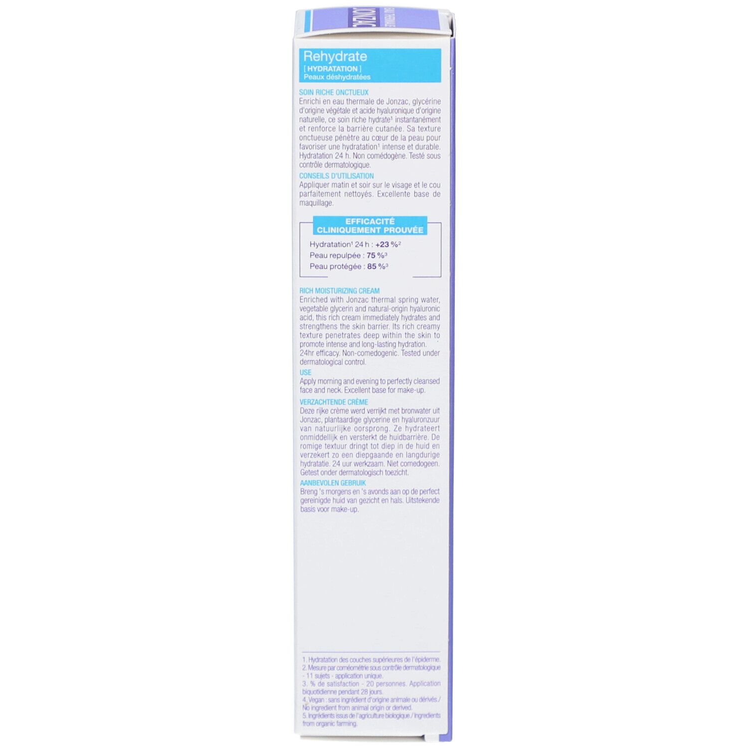 Côté de l'emballage du produit. Blanc avec texte en plusieurs langues. Contient des informations sur les ingrédients et l'utilisation.