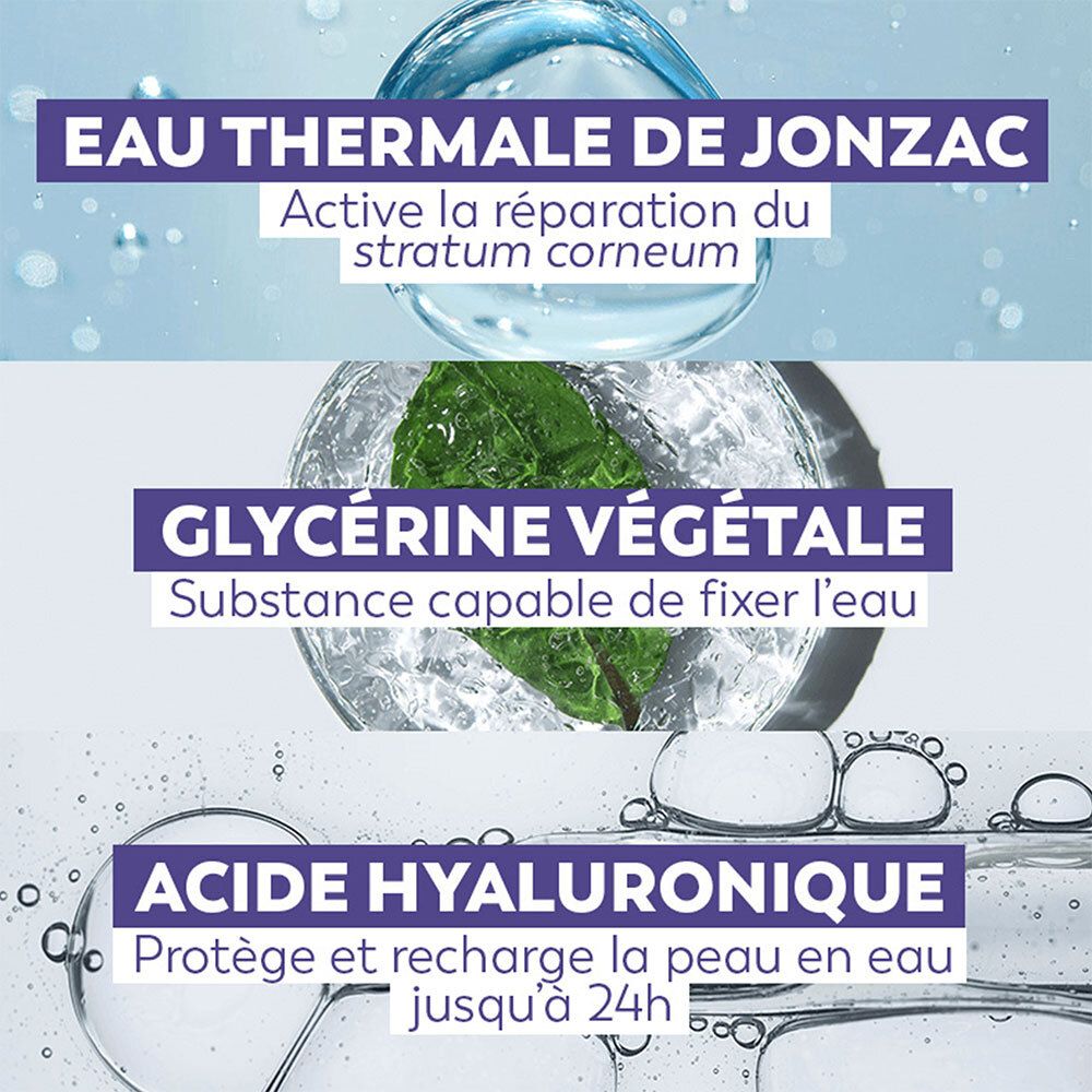 Texttafeln mit Inhaltsstoffen: Eau Thermale de Jonzac, Glycérine Végétale, Acide Hyaluronique. Hintergrund mit Wassertropfen.